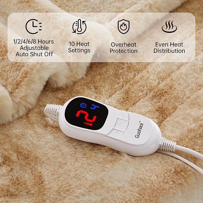 Guohaoi Heated Blanket Electric Throw, Soft Faux Rabbit Fur Electric Blanket with 10 Heating Levels 5 Sitting Timer Auto Off, Cozy Warm Heating Blankets, Machine Washable(50"×60" Beige)