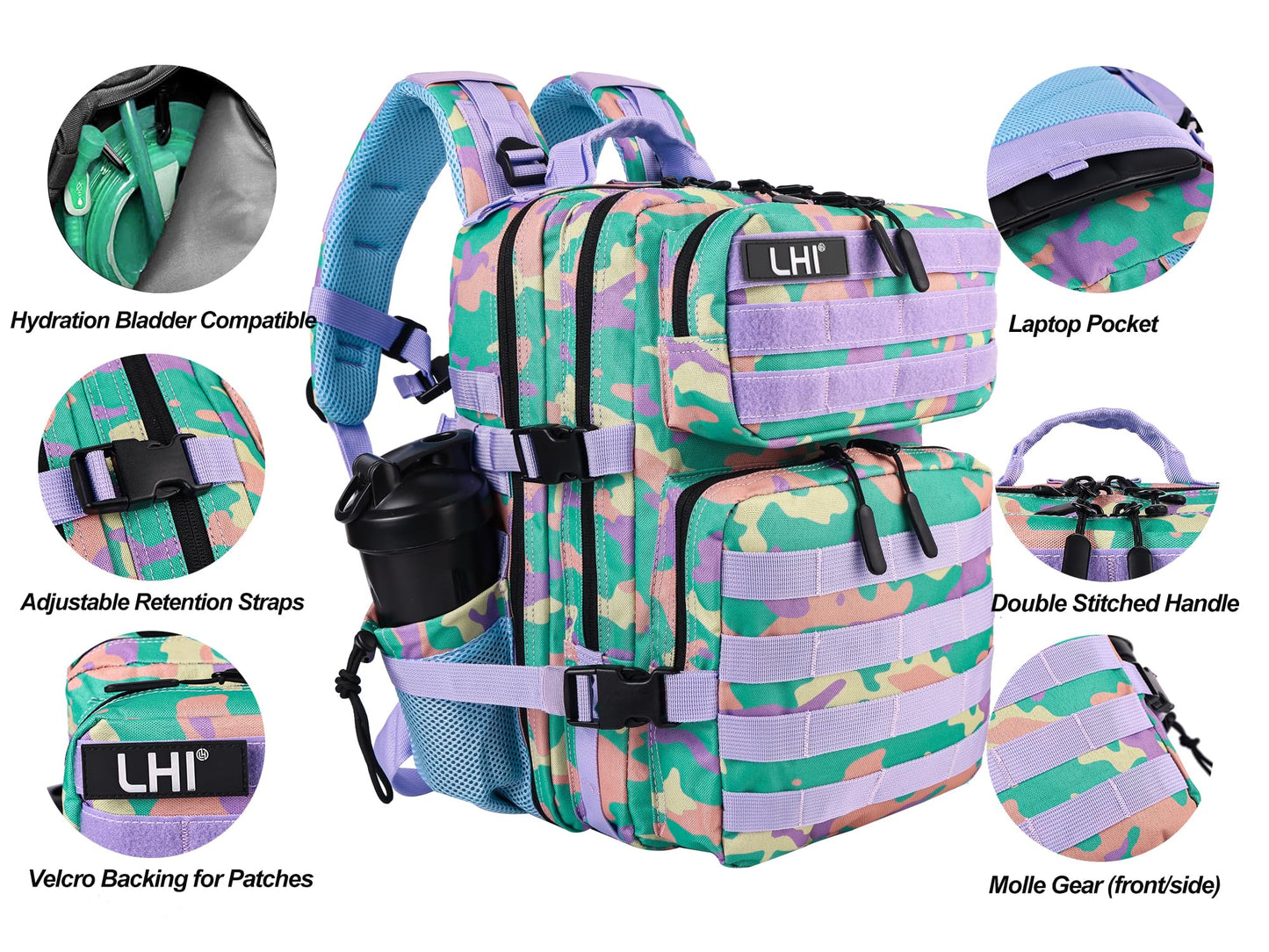 LHI Tactical Military Backpack for Men and Women 25L Army Assault Pack Bag Large Rucksack with Molle System-PGY Camo