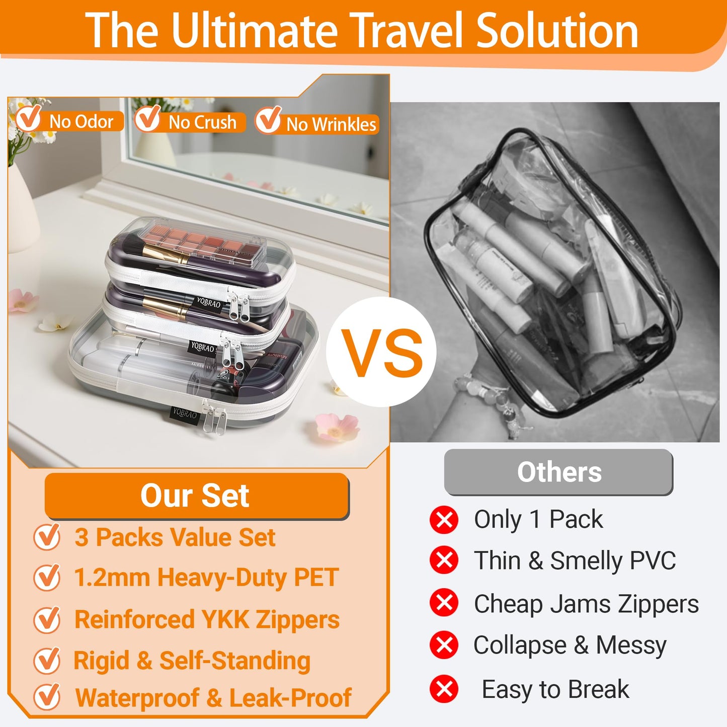 YQBRAO 3 Pack Clear Hard Shell Zipper Case,Rigid Protection Diaper Bag Organizer Pouches, TSA Approved Toiletry Bag with YKK Zippers for Cosmetics, Toys & Electronics