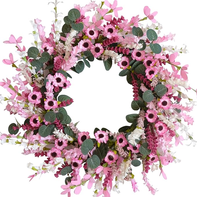 Idyllic 18 Inch Pink Daisy Wildflowers Spring Summer Wreath for Front Door, Pink Lavender Eucalyptus Leaves for Valentine Wedding, Faux Flower for Indoor and Outdoor