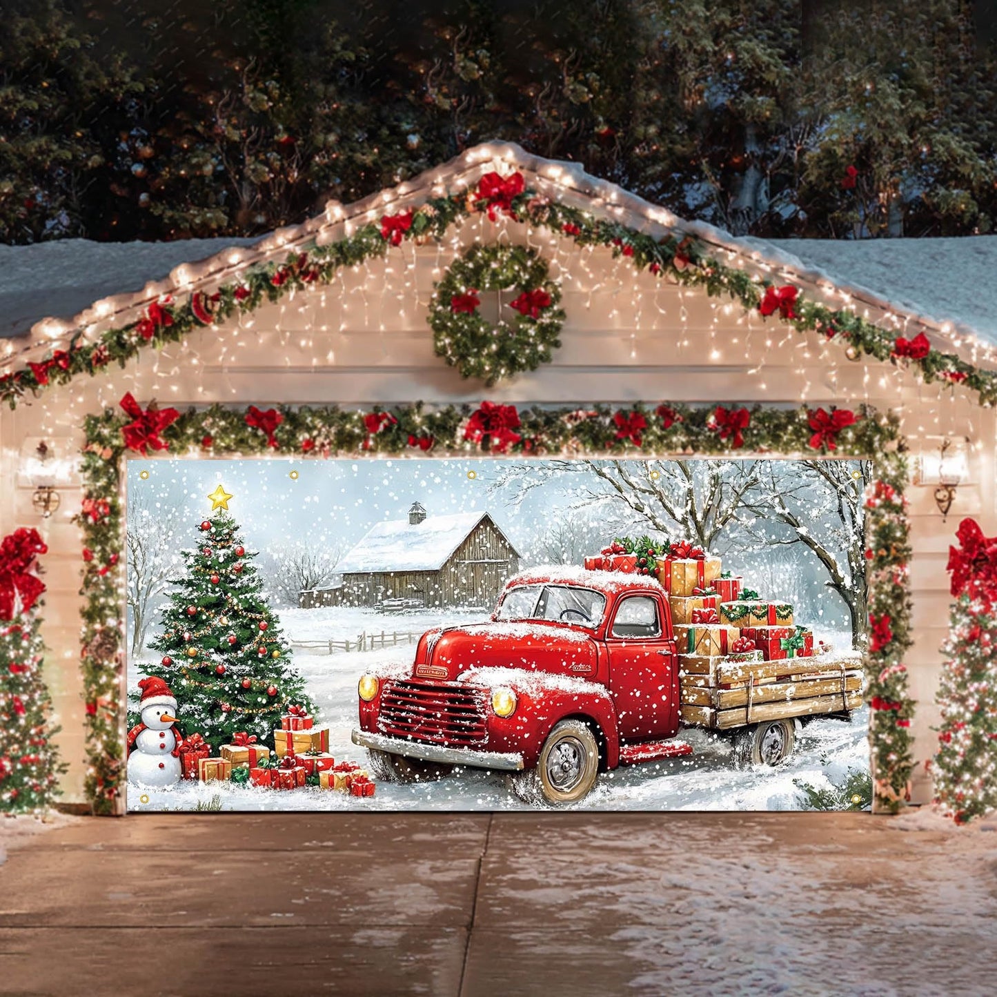 HOMETITUTE Christmas Garage Door Banner 13x6ft Red Truck Christmas Tree Snowman Barn Theme Backdrop Banners for Outside Inside Winter Door Cover Garage Wall Covering for Party Garage Decorations