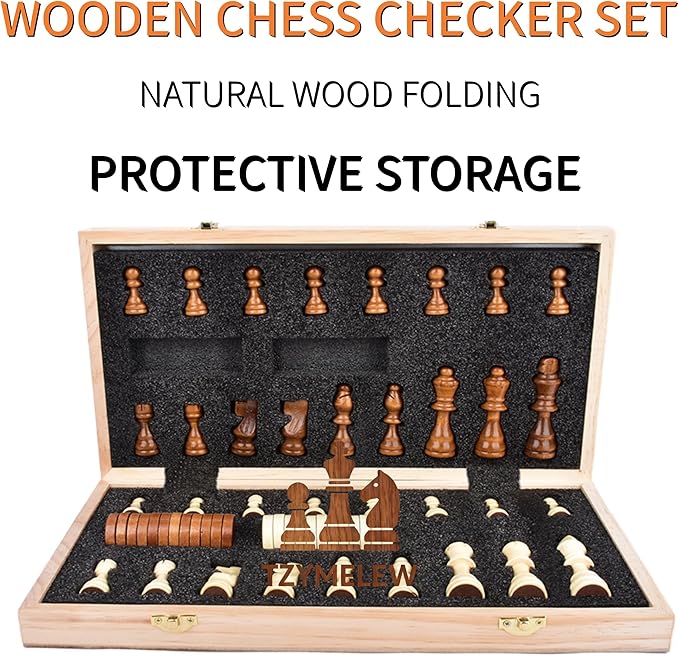 15 Inch Wooden Magnetic Chess Set with Folding Board &amp Storage – Includes Checkers Fun Strategy Game for Kids and Adults Great for Family Game Night