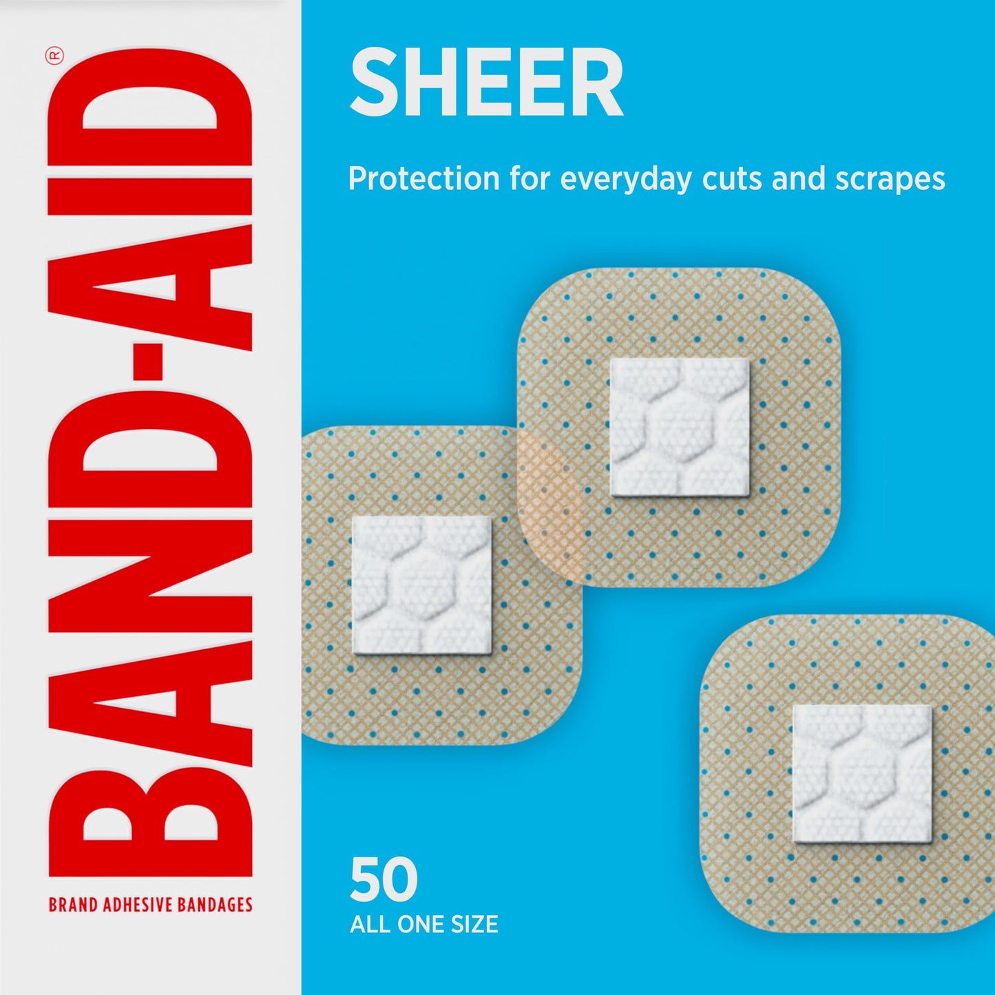 BAND-AID Brand Sheer Spot Square Adhesive Bandages, Lightweight Protection & Sterile Discreet Wound Care for Minor Cuts & Scrapes, Small Spot Bandages, First Aid Kit Essential, All One Size, 50 Count
