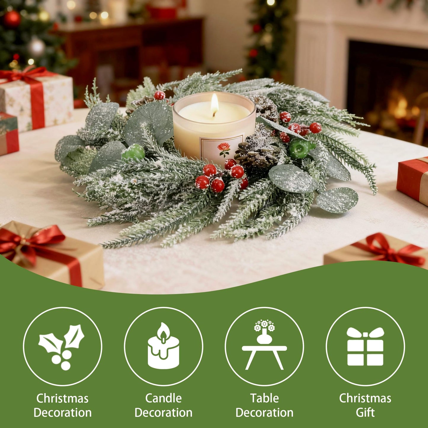 Christmas Candle Rings Wreaths,Snowy Norfolk Pine Garland Red Green Berry Eucalyptus Leaves Pinecones Wreaths,Pillar Candle Rings for Home Christmas Table Centerpiece Decorations
