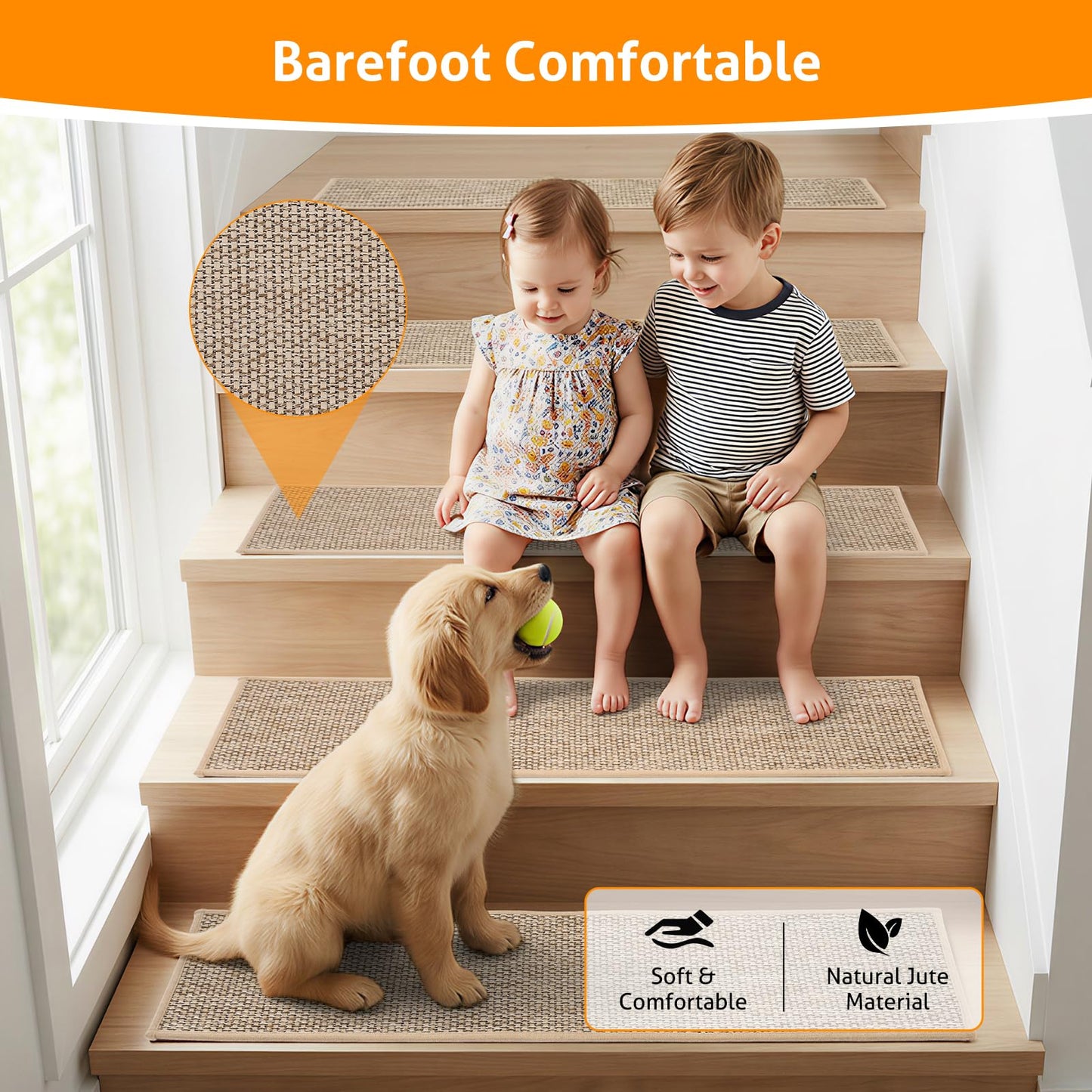 WICHEMI Stair Treads for Wooden Steps Indoor, 9"x30" Peel and Stick Stair Treads Non Slip 15 Pack Carpet Stair Treads with Reusable Adhesive for Dogs Kids Elder, Beige