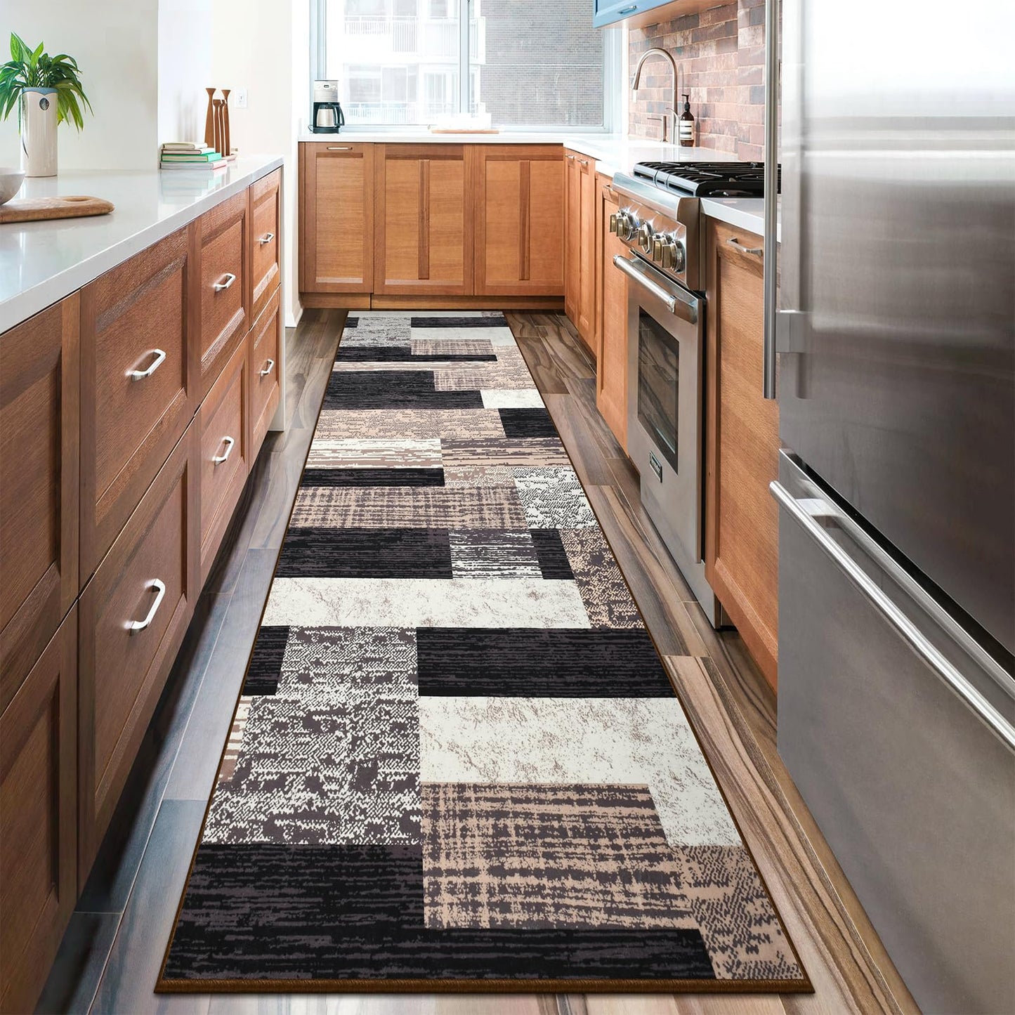 Indoor Runner Rug, Washable Runner Rug with Rubber Backing, Modern Geometric Patchwork Aesthetic Carpet for Bedroom, Living Room, Hallway, Entryway, Washable Rugs Rockwood Collection,2.7x8Ft Chocolate