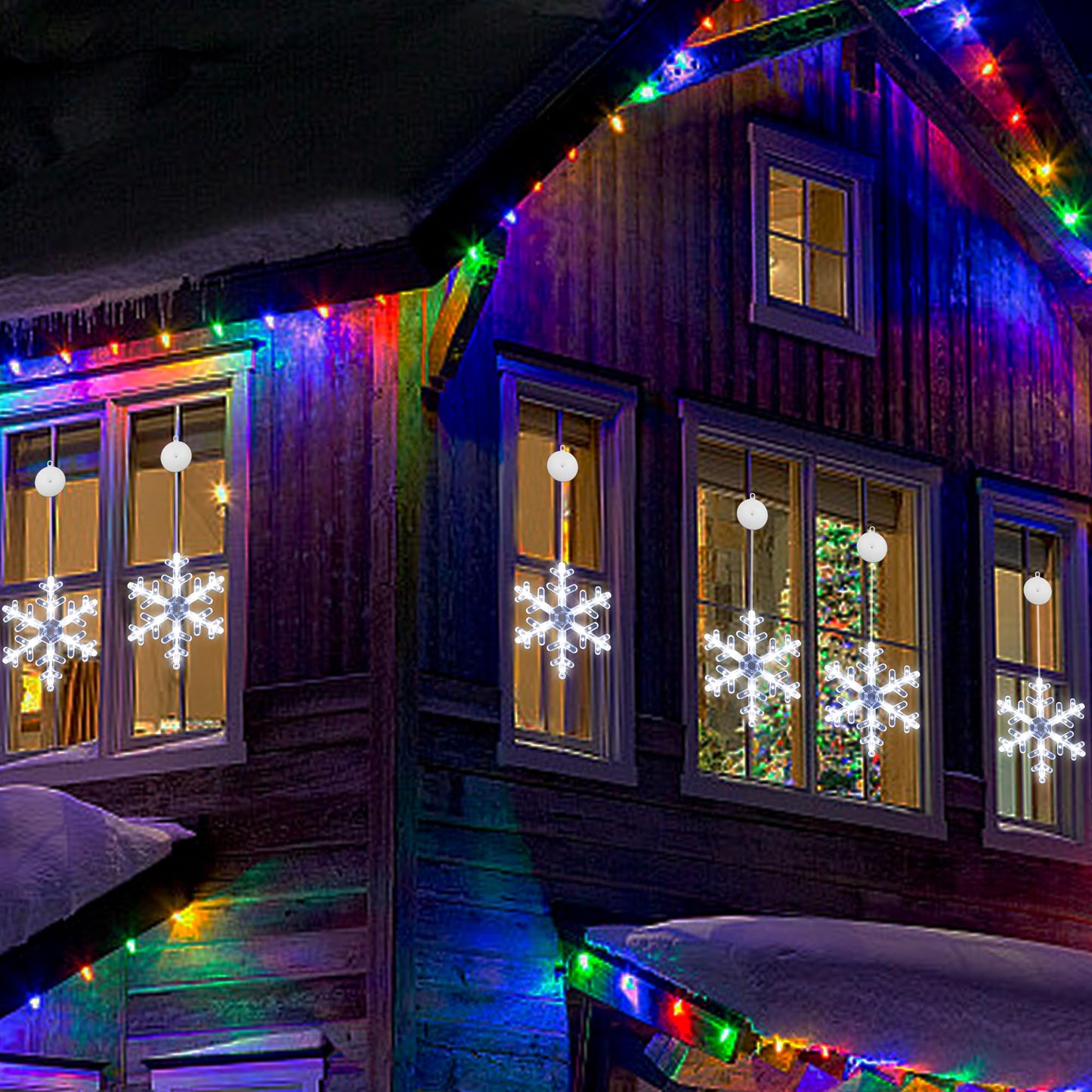 [Timer] Christmas Window Decorations, 3 Pack Snowflake Christmas Window Lights with Suction Cup, Hanging LED Battery Operated Xmas Lights Indoor Outdoor Xmas Tree Fireplace Home Party Decor - While