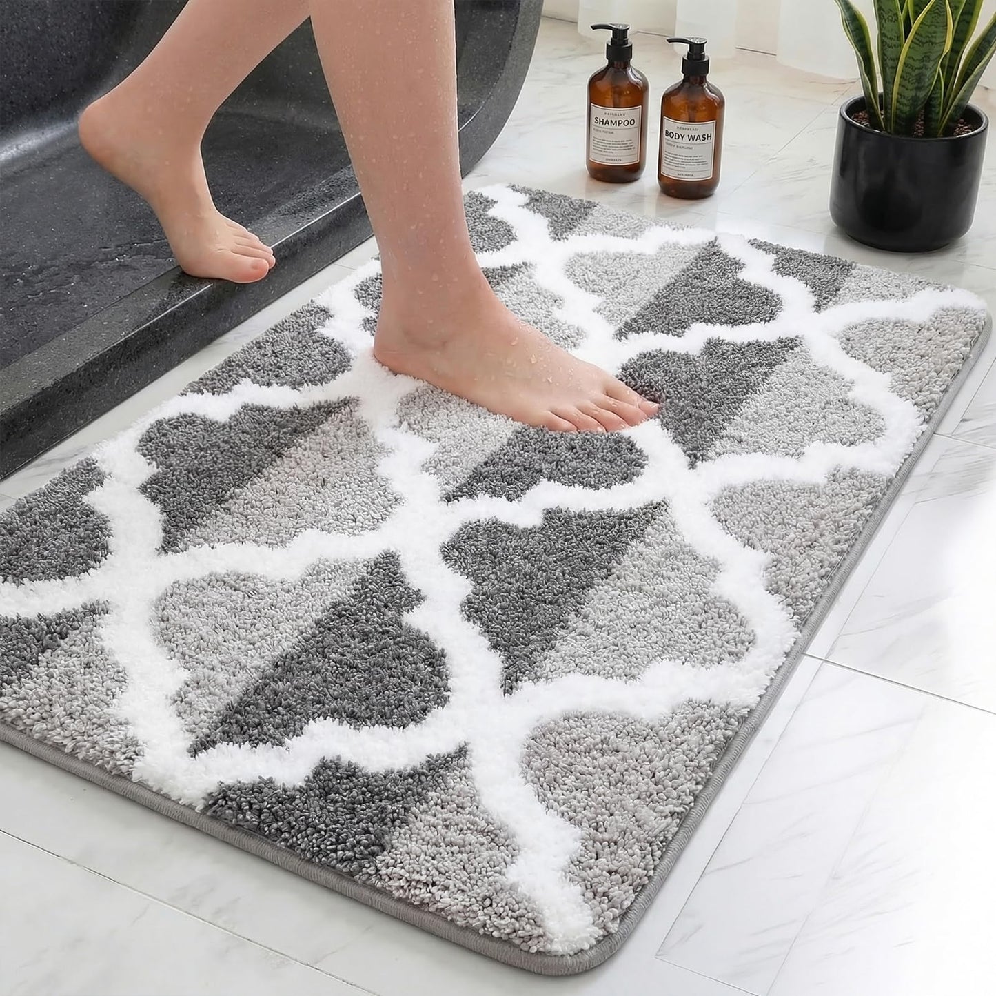 Arttown Dark and Light Grey Trellis Bathroom Rug Set 2 Piece Fluffy Microfiber Non-Slip Water Absorbent Bath Mat Soft Washable for Tub Showers Laundry Room Decor (16"x24"+20"x32")