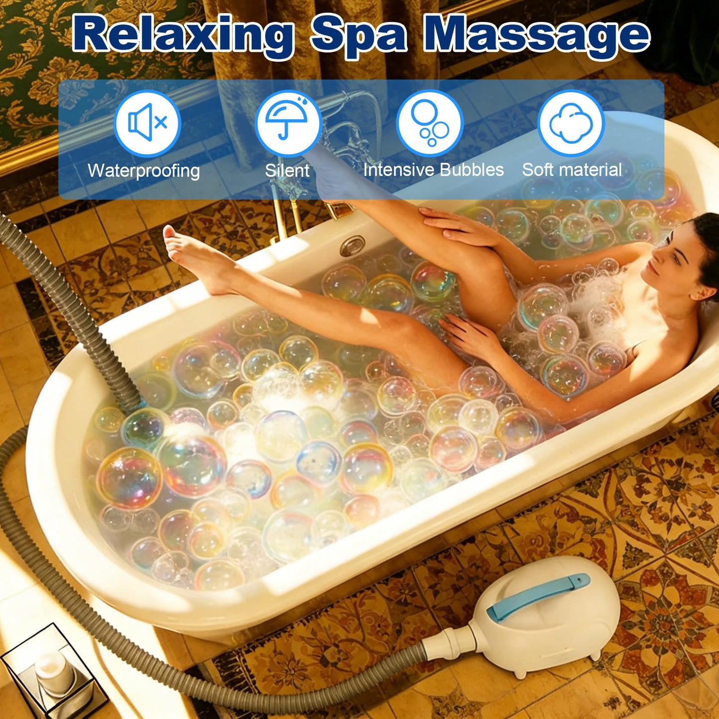 Bubble Mat for Bathtub – Bubble Bath Mat Tub Spa Massager with Adjustable 3-Speed Hydrotherapy Jets, Secure Non-Slip Suction Cups & Ultra-Quiet Motor – Portable, Luxurious Home Spa