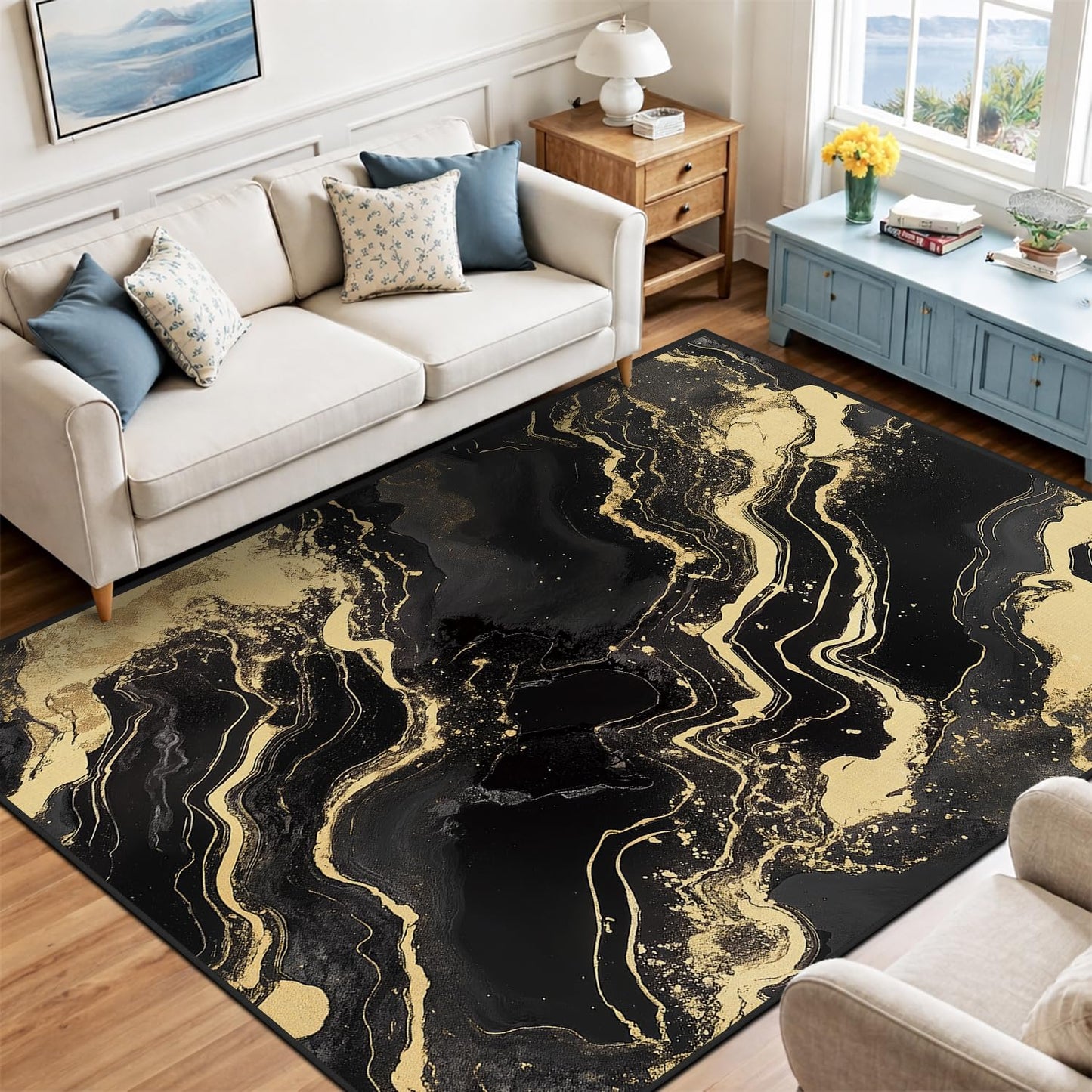 8x10 Area Rug Black and Gold Modern Large Rug for Living Room Indoor Machine Washable Abstract Rugs for Bedroom Ultra Soft Dining Room Carpet Non-Slip Non-Shedding Throw Rug for Home Office
