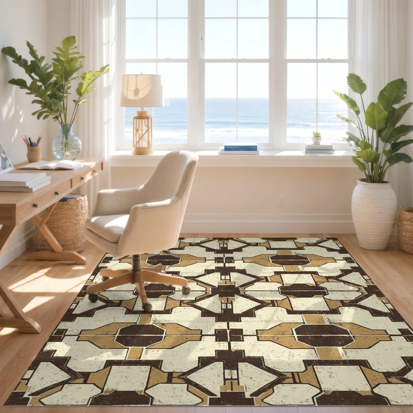 Design&I 3'x5' Washable Area Rug Large Muted Neutral Irregular Shapes Vintage Distressed Over Sleek Flatweave Pet Friendly & Non-Slip Built-in Grip for Bedroom, Walk-in Closet, Nursery