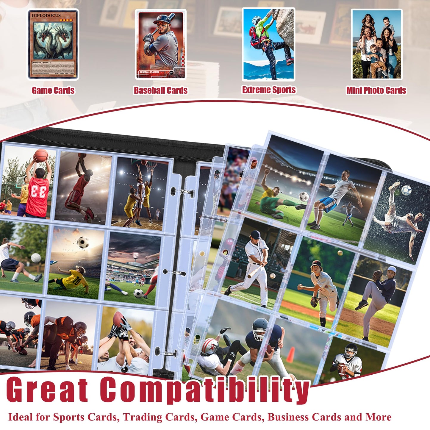 Trading Card Binder Album, PU Leather Baseball Card Binder with 900 Side Loading Pockets, Double Sided Pocket Zipper Card Binder for TCG Game Cards, Sports Cards (White)