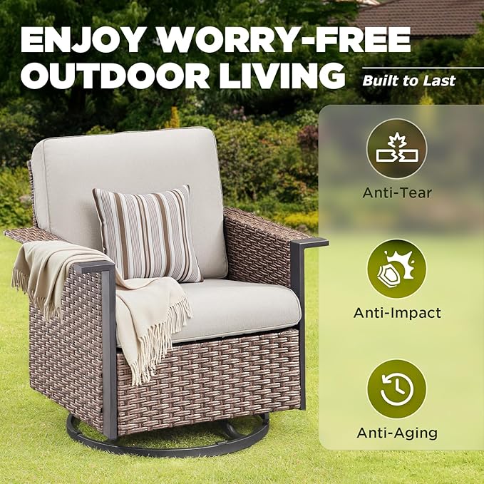 Outdoor Patio Furniture Set-7 Pieces All-Weather Wicker 3 Seater Sofa with Swivel Rocker Patio Chairs Set of 4, Wicker Sofa Outdoor Conversation Sets for Porch Deck Backyard Brown/Beige