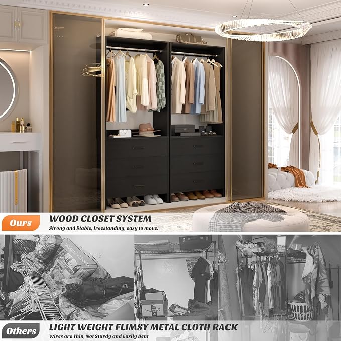 Aheaplus 2FT Closet System with 3 Drawers, 24’’ Closet Organizer, Wood Closet Organizer System, Walk-in Closet or Small Closets Wardrobe, Clothes Rack with Hanging Rods,-E7, Black