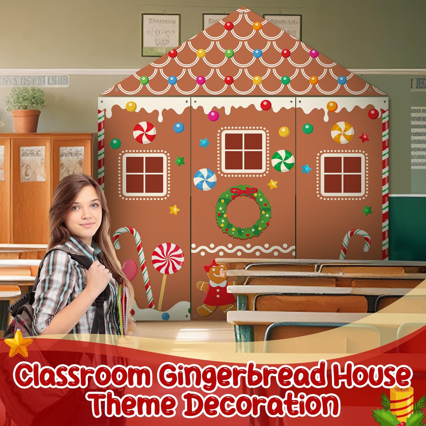 VitalCozy 4 Pcs Christmas Gingerbread Door Decoration Xmas Gingerbread House Candy Door Covers Backdrop Christmas Hanging Banner Porch Sign for Holiday Classroom Office Home Party Decor(Brown)