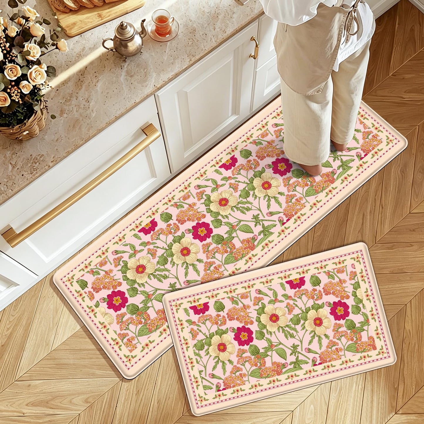 CHICNOOK Non-Slip Kitchen Mats, PVC Anti-Fatigue Kitchen Rugs Set of 2, Floral Runner Rugs for Kitchen Sink Area, Office, Hallway, Laundry, Entryway, Bedroom, 18x30,18x48 Inch,Pink