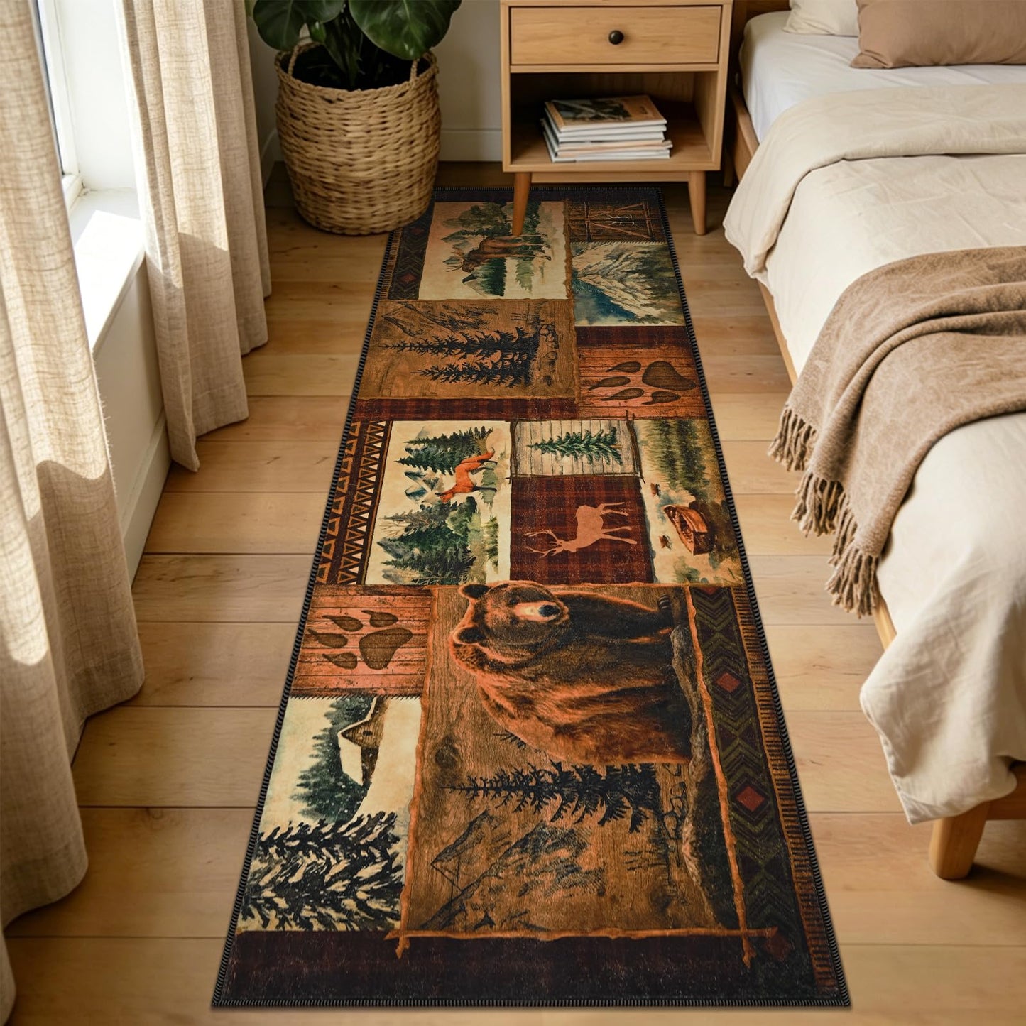 ASPMIZ 2x7 Rustic Runner Rug Non-Slip Washable — Buffalo Plaid Log Cabin Bear Deer Fox Design, Soft Faux Wool Hallway Carpet Runner for Entryway Kitchen, Brown