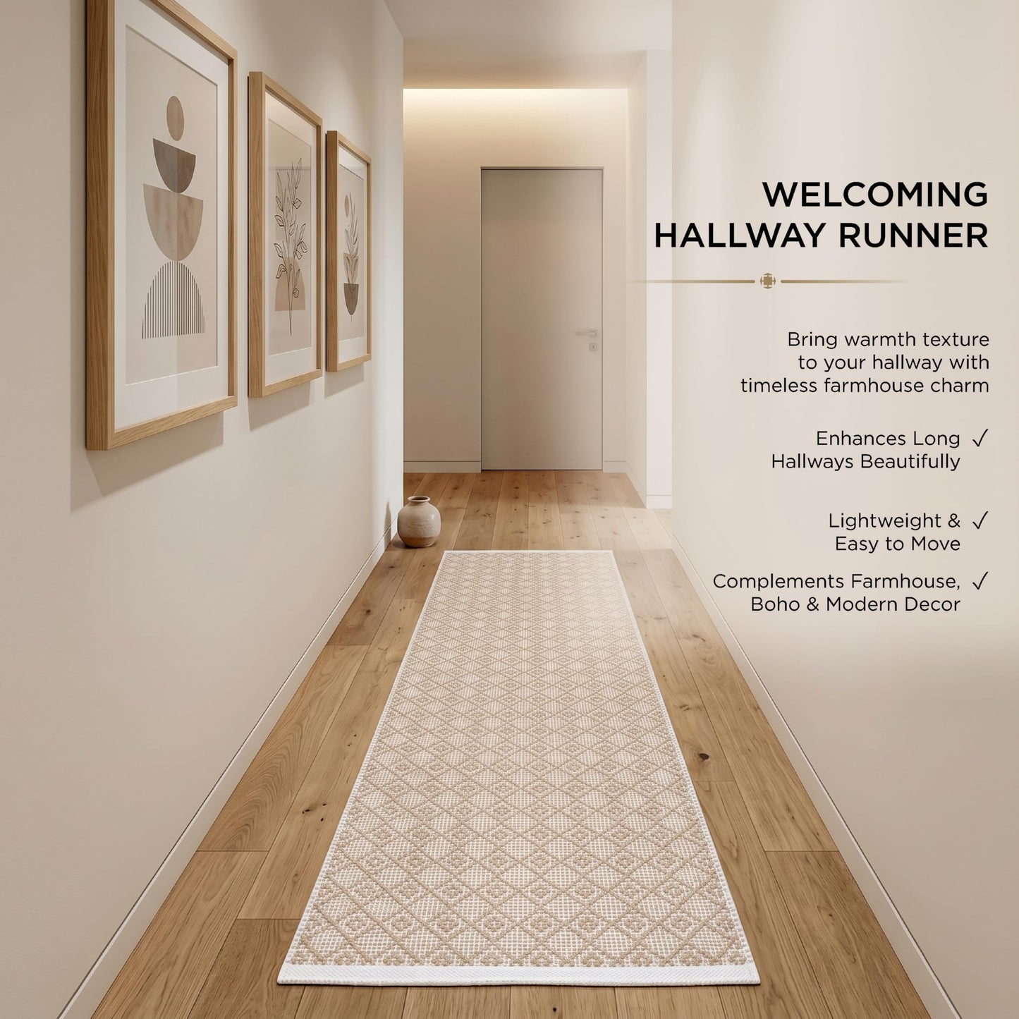 Cotton Diamond Woven Runner Rug 2x6 Feet - Beige, Non Slip Super Soft Farmhouse Space Patio Throw Carpet Ideal for Hallways, Kitchen, Living Room | Neutral Large Bedroom Area Décor Floor Décor Mats