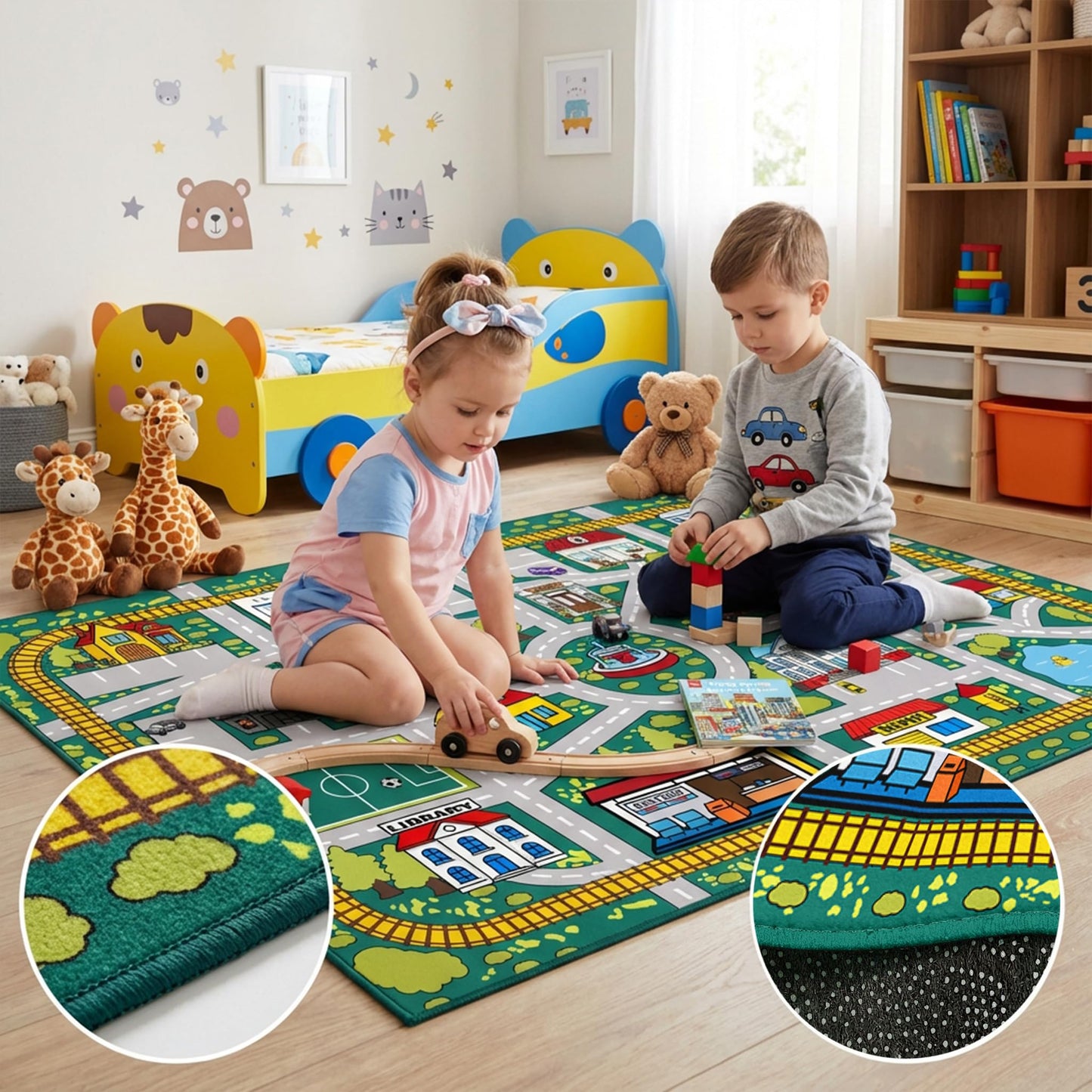 Plyra Kids Car Road Rug (3x5 Ft), Non-Slip City Traffic Play Mat for Toy Cars, Train Track Carpet for Kids Room, Educational Town Map with Police Station, Hospital & Cinema