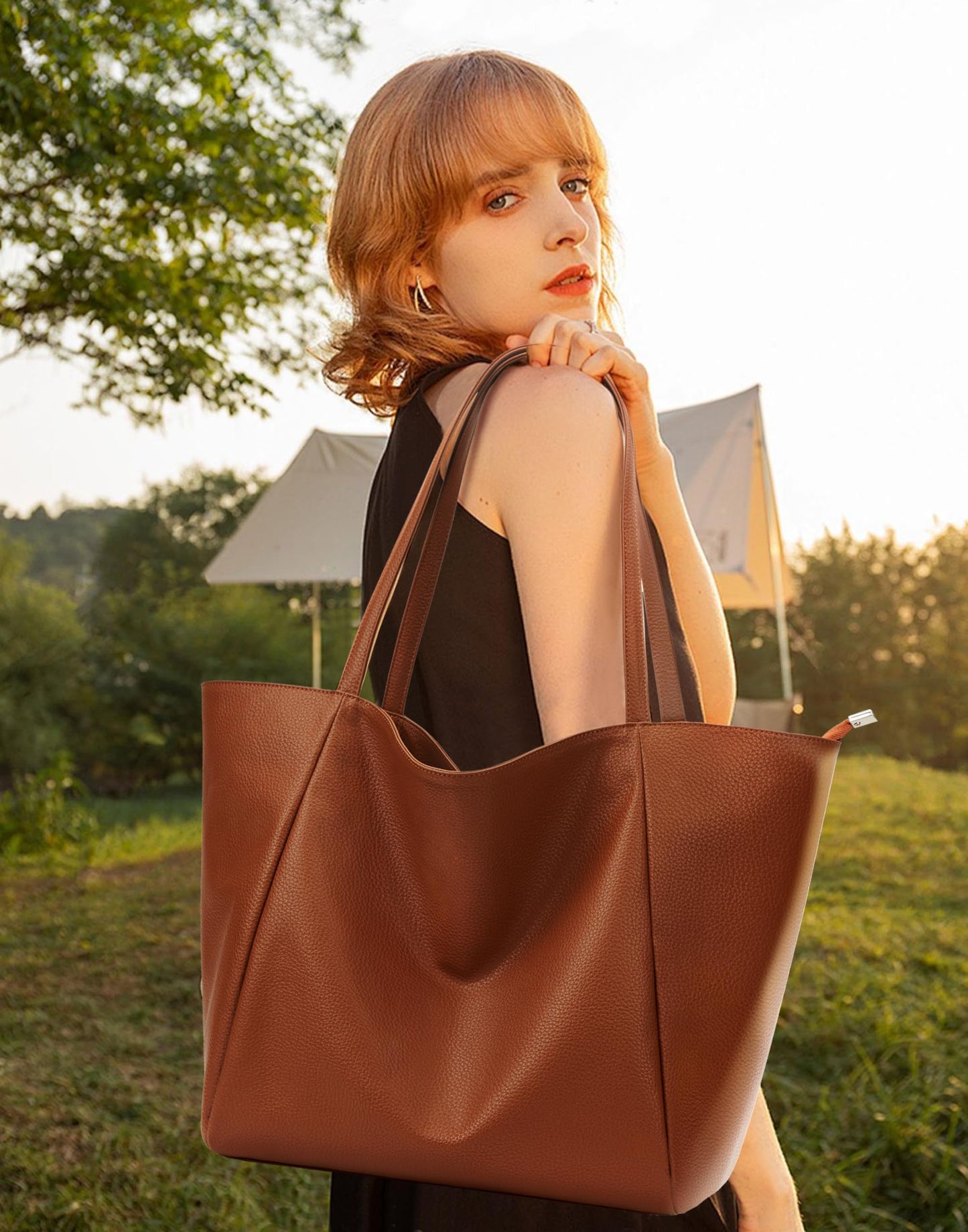 KALIDI Large Tote Bag Vegan Leather Casual Zipper Work Bag Weekender Hobo for Women 25L Oversize Shoulder Travel Purse