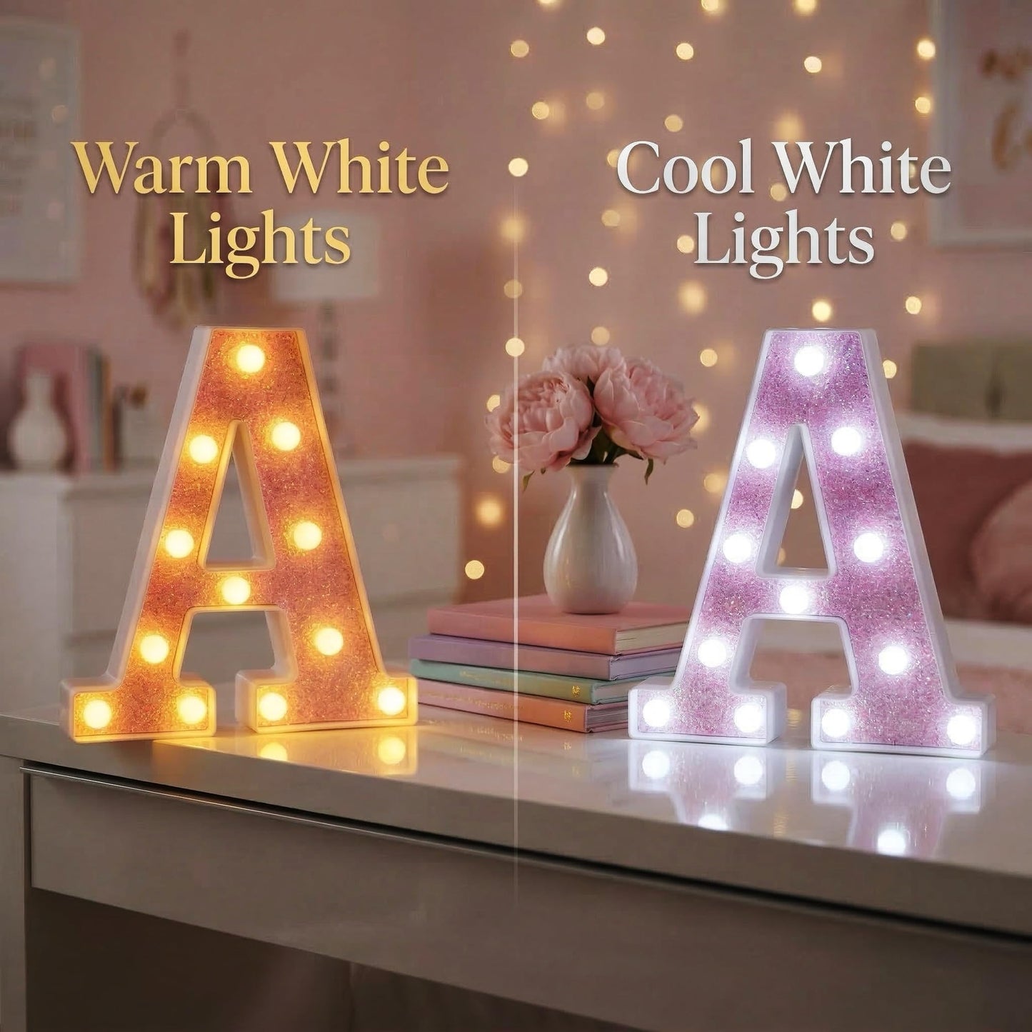 EUFONY Pink Glitter Marquee Light Up Letters, Battery Operated LED Letter Lights Signs for Pink Birthday Party Table Decorations, Wall Decor for Girls Bedroom, Initial Letter E with Cool White Lights