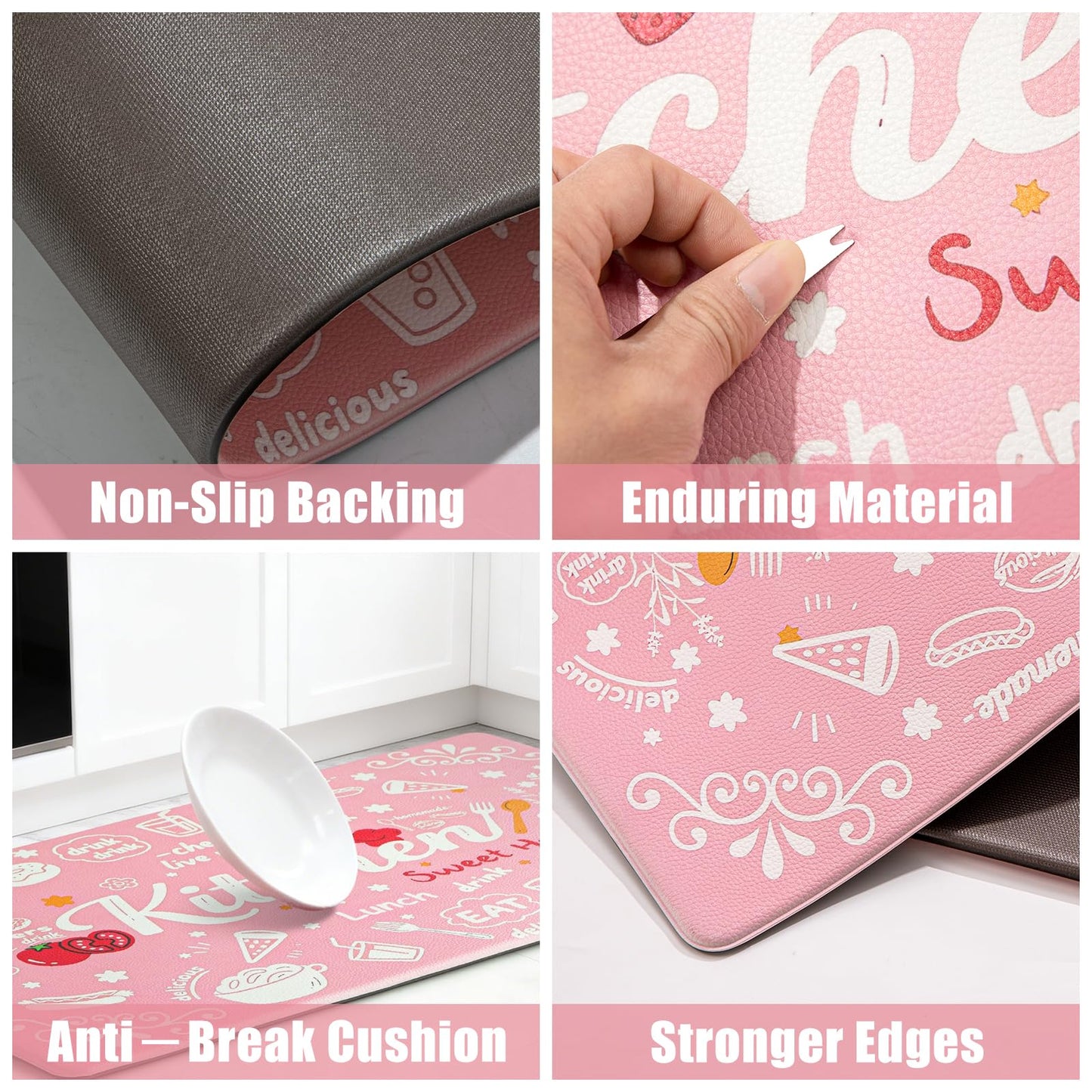 JSVSLTD Kitchen Rugs 17"x30" Cushioned Anti-Fatigue Rugs with Rubber Backing, Thick Comfort Floor Mats for Kitchen, Entryway, Laundry Room, Hallway, Pink