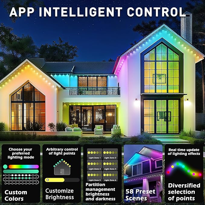 200FT Permanent Outdoor Lights,for House Roof, Christmas, Holiday, Party, Daily Lighting, IP67 Waterproof,RGB Eaves Lights with Multi Scene Modes for Halloween