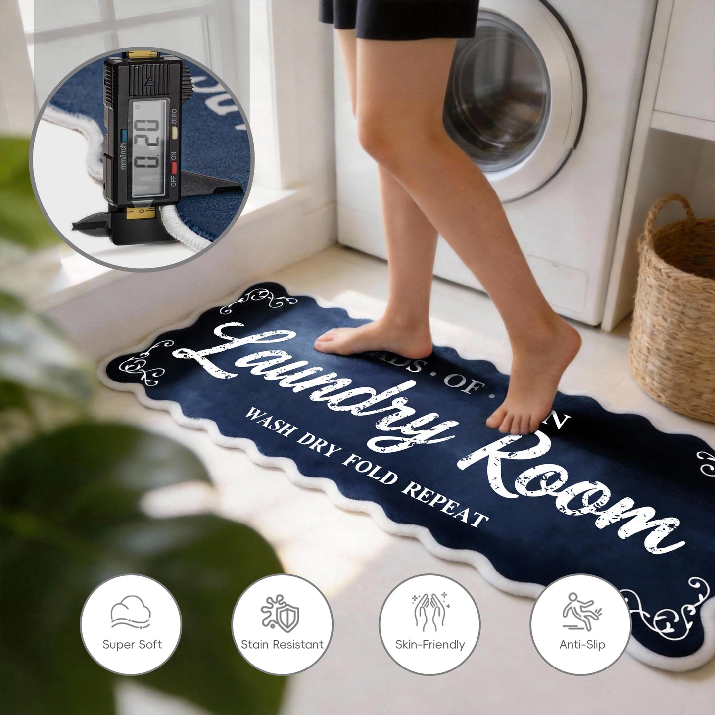 Laundry Runner Rug 20″x47″, Dark Blue Scalloped Non-Slip Washable Laundry Mat with TPE Backing – Soft Cushioned for Laundry Room Organization & Farmhouse Decor, Ideal for Kitchen, Mudroom & Bathroom