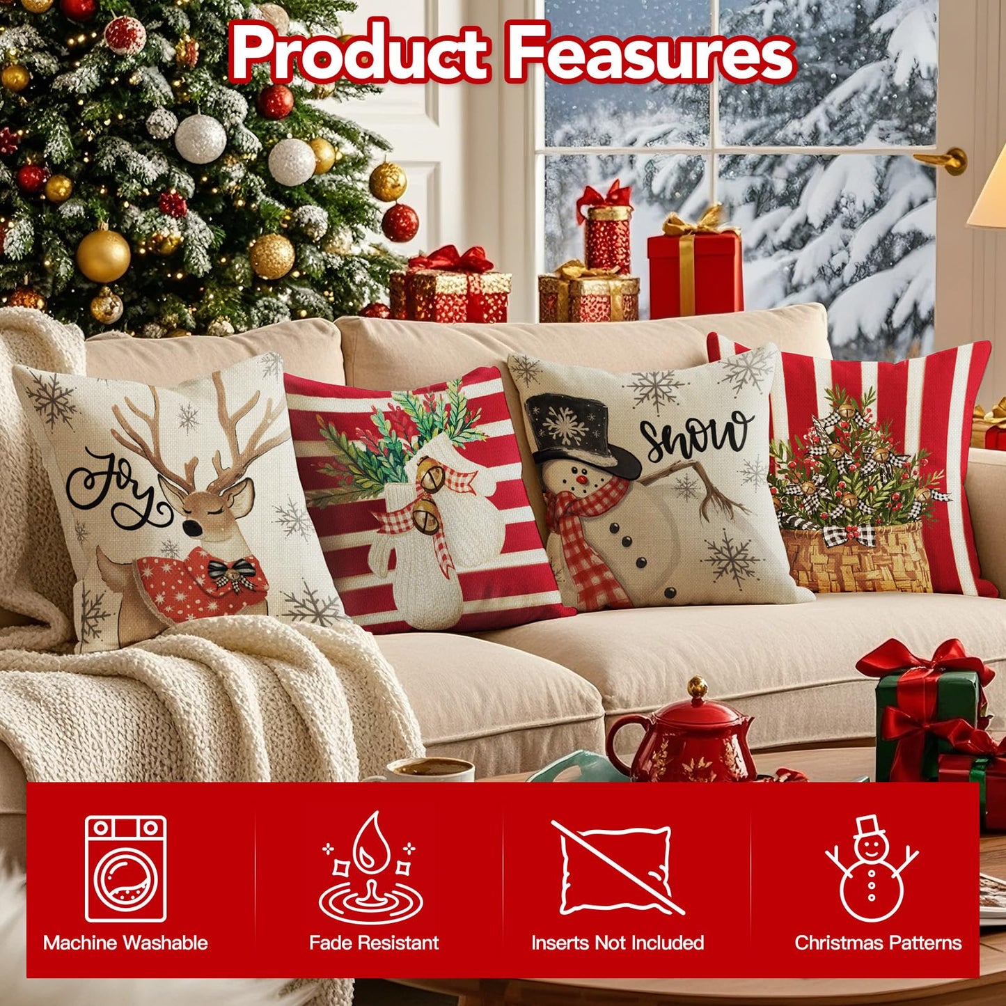 UPOFFICIS Christmas Pillow Covers 18x18 inch Set of 4, Christmas Decorations Cushion Covers, Xmas Pillow Covers, Pillowcases Throw Pillow Covers for Sofa Couch Home Decor