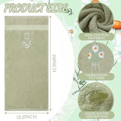 2 Pcs Daisy Flower Hand Towels Gray Green Bathroom Decor 14x29 Inch Embroidered