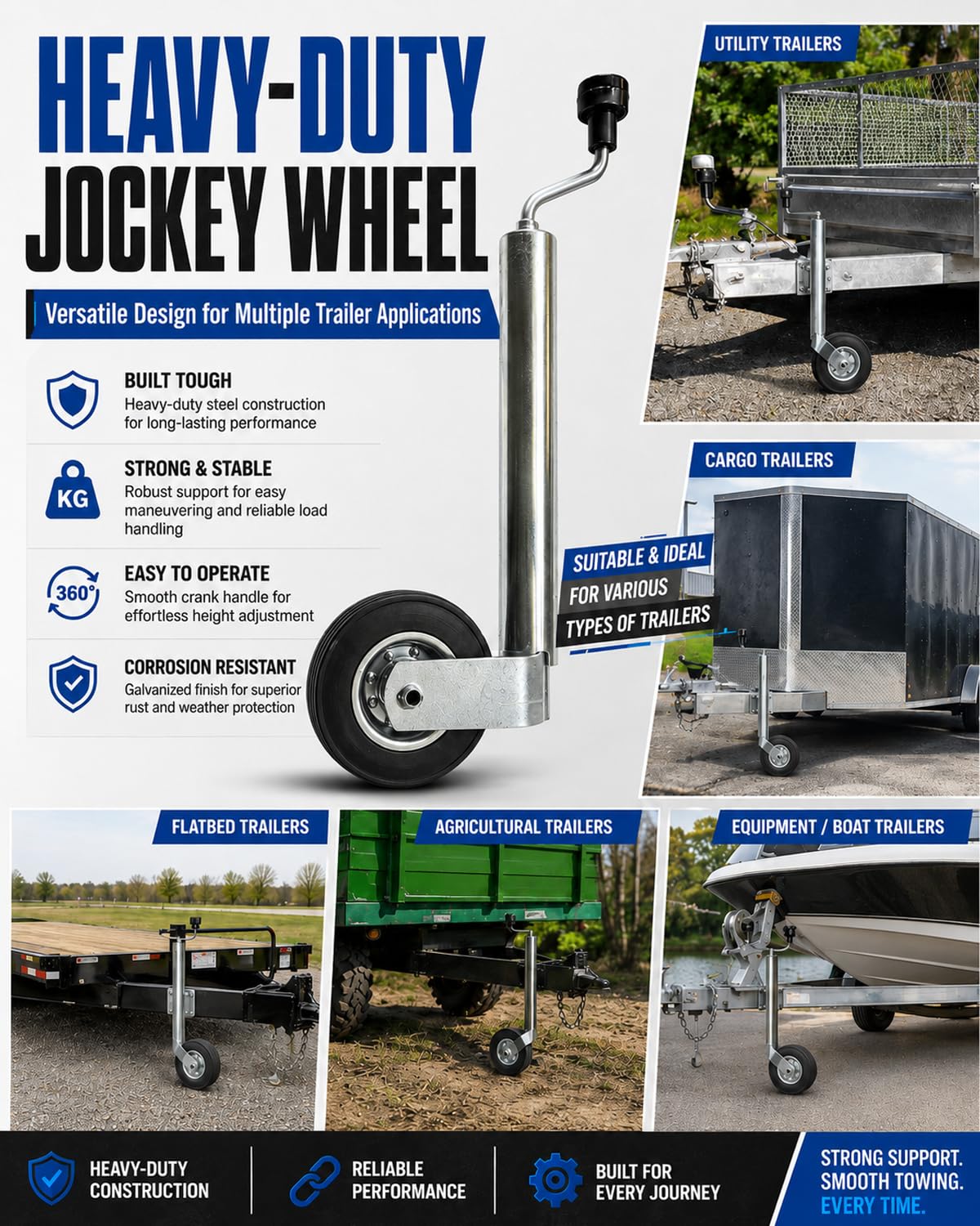JRS Farm Parts 900 lb Single Wheel Trailer Jack, 17.5" Adjustable Lift Travel | Heavy Duty Bolt-On Tongue Jack for Boat, RV, Camper & Utility Trailers