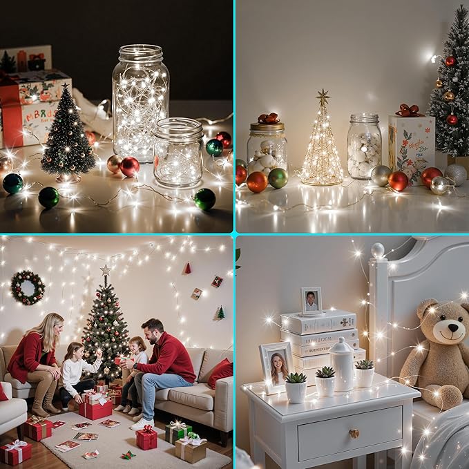 Mlambert LED Fairy Lights Battery Operated with Timer, Rechargeable Mini Twinkle Lights for Christmas Decor Holiday Party, 65.6FT(16.4x4), Cool White