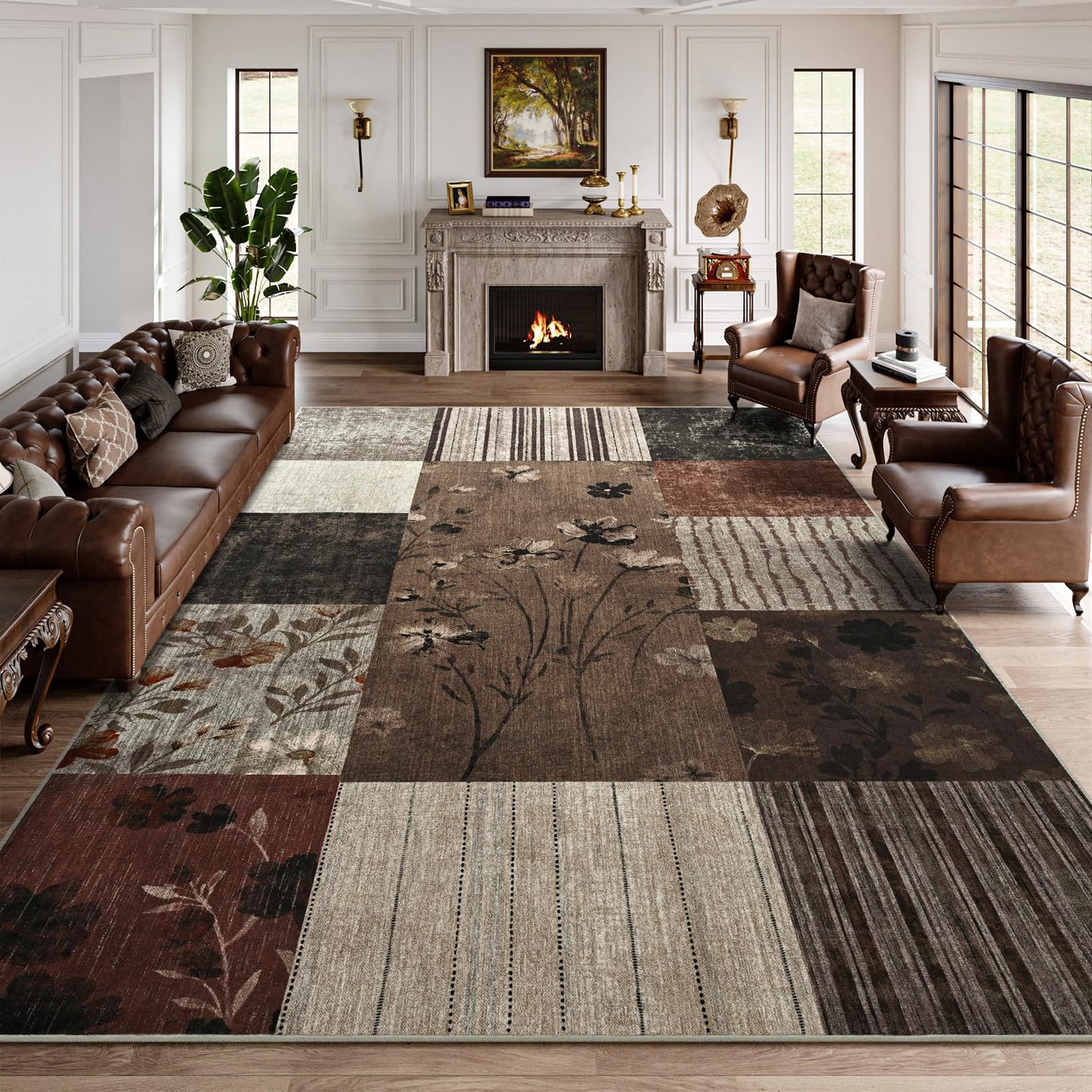 DweIke Area Rugs 4'x6' Washable Brown Rug for Living Room, Non-Slip Modern Geometric Patchwork Stain Resistant Indoor Throw Carpet for Bedroom Dining Room Farmhouse Office Decor