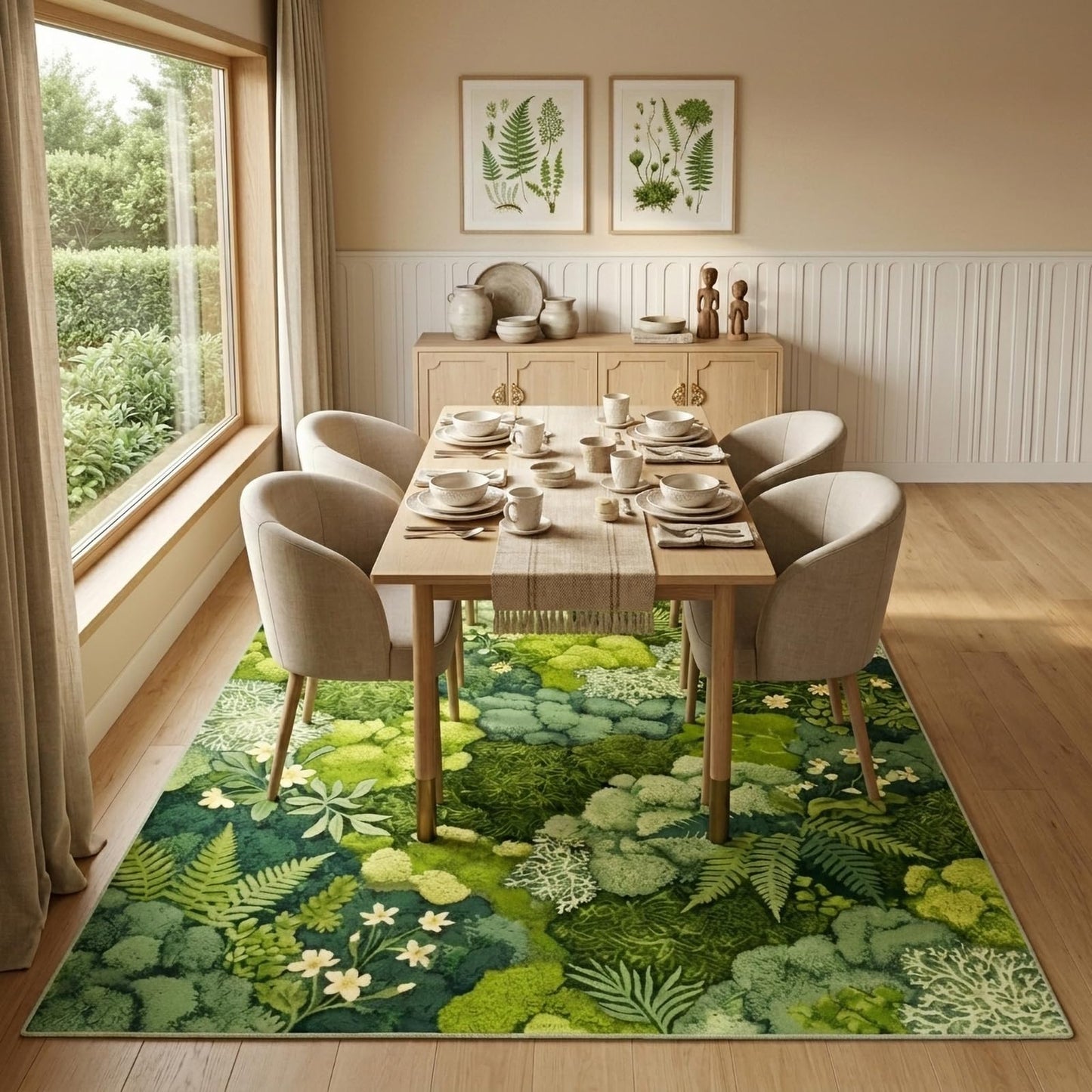 GraceSway CS 5x7 Area Rug, Green Botanical Moss & Fern Print, Faux Cashmere Low Pile, Foldable Non-Slip Rug for Living Room Bedroom, Machine Washable