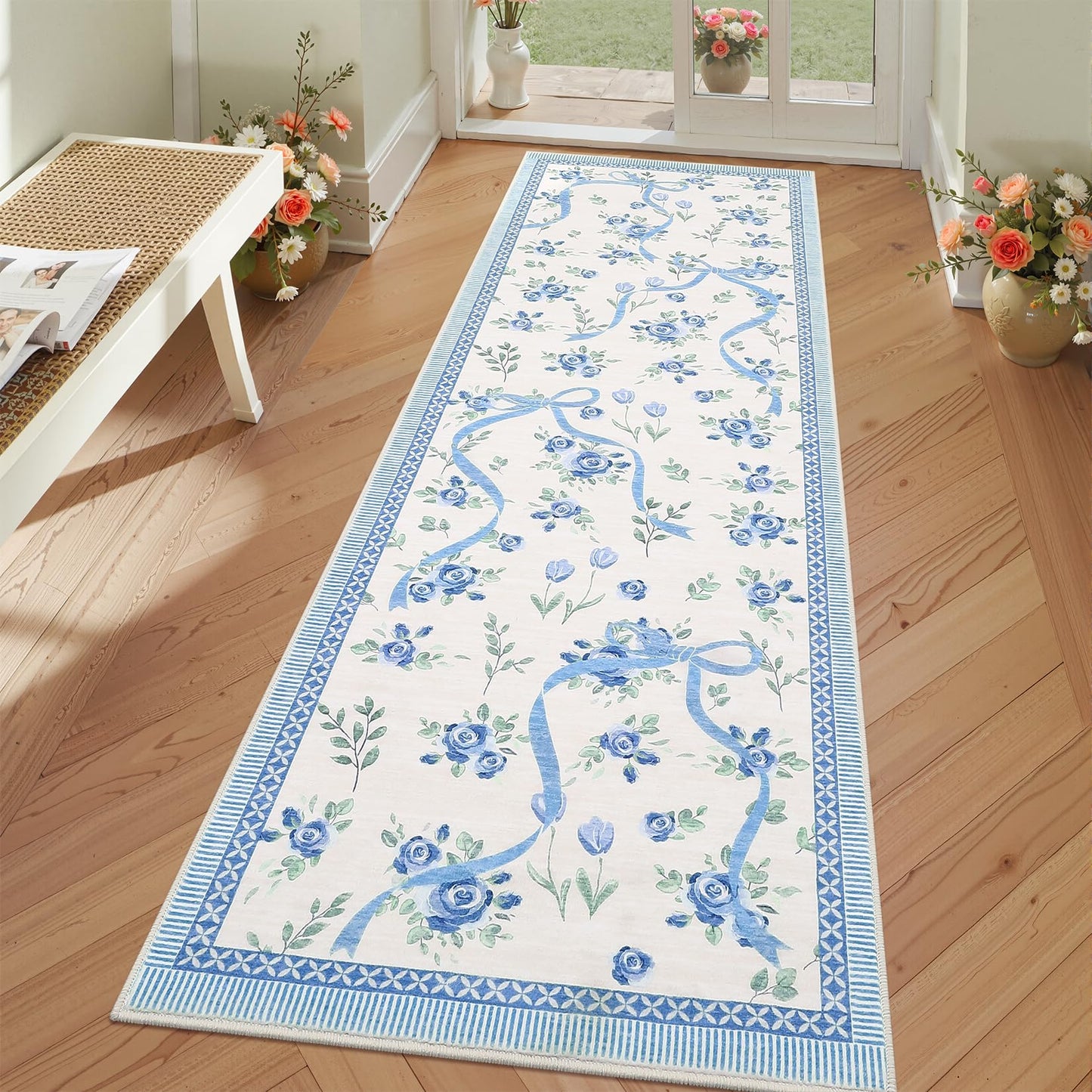 GarveeHome Runners for Hallways Non Slip, 2x6 Kitchen Runner Rug Blue and White Rugs for Bedroom Girls, Low Pile Soft Washable Runner Floral Bow Rug for Nursery Entryway Dorm