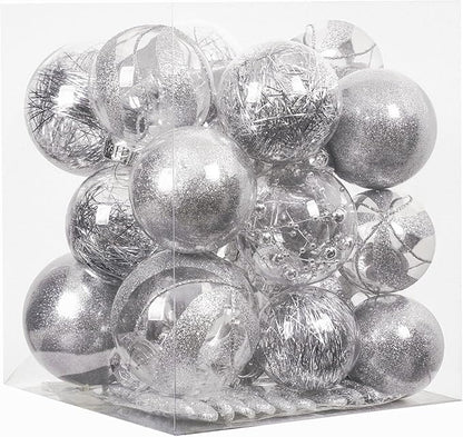 XmasExp 32ct Christmas Ball Ornaments Set -Silver Clear Plastic Shatterproof Xmas Tree Ball Decorations Hanging Baubles for Holiday Decor