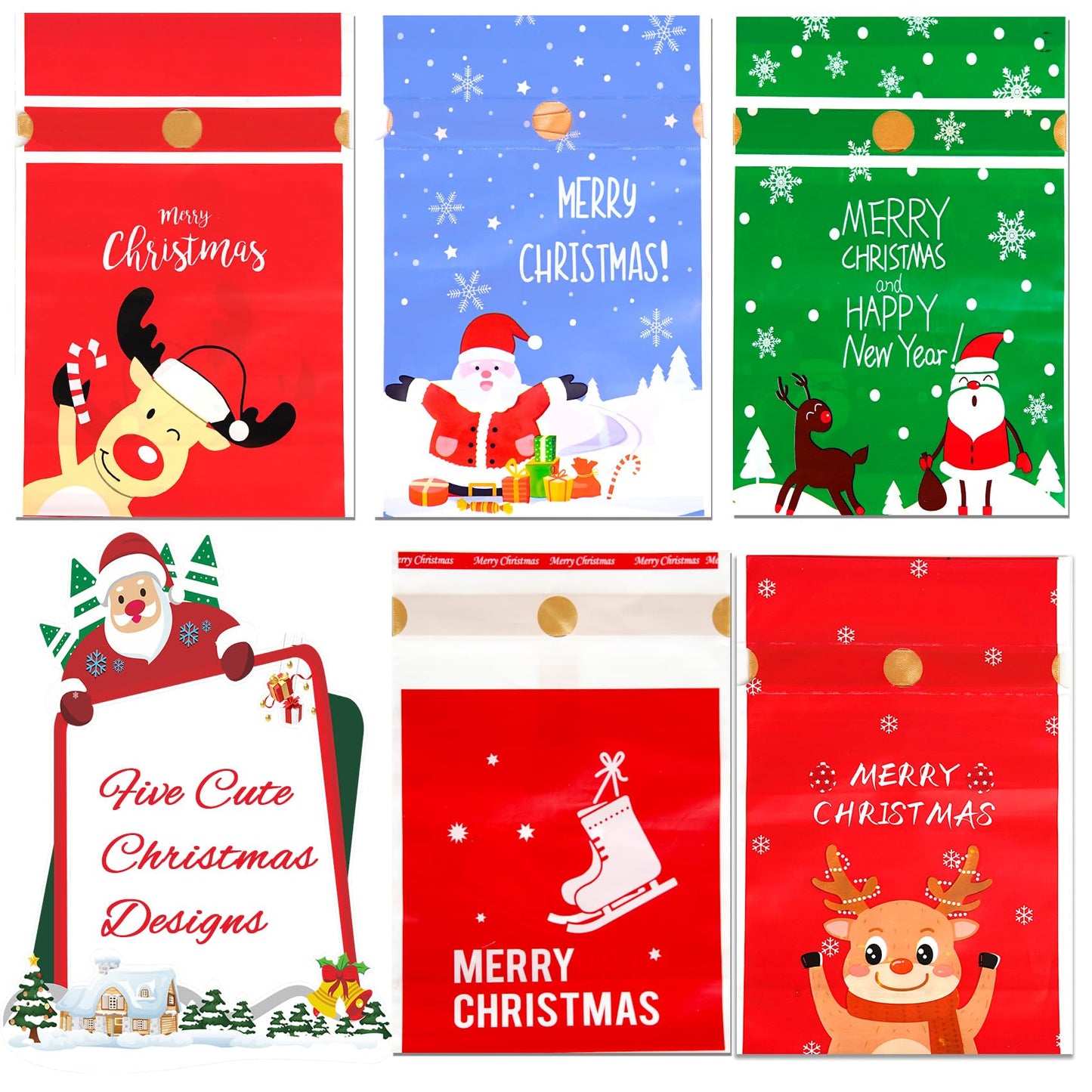 DLY 50 Pcs Christmas Candy Bag Treat Bags Candy Goodies Plastic Drawstring Gift Bags Merry Christmas Treat Bags for Birthday Party Snack