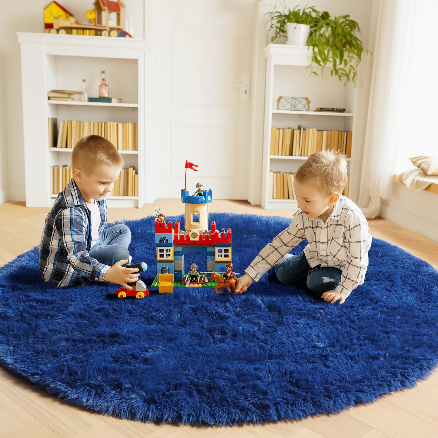 ONASAR Navy Blue Round Area Rug 4ft, Soft Bedroom Circle Rugs Floor Mat for Kids Girls Boys Teen Room, Fluffy Plush Shaggy Carpet for Baby Nursery Living Room Playroom Dorm Home Decor