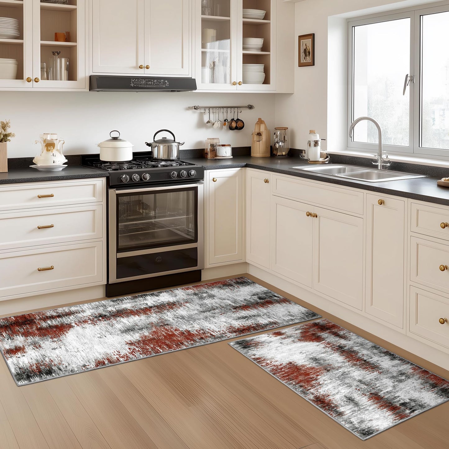 Tritard Upgrade Non Slip Kitchen Rugs Sets of 3 Washable Kitchen Mats for Floor Abstract Kitchen Runner Rug Soft Floor Mat Set Kitchen Carpet Rugs for Hallway, Laundry, Entryway, Office, Rust Red