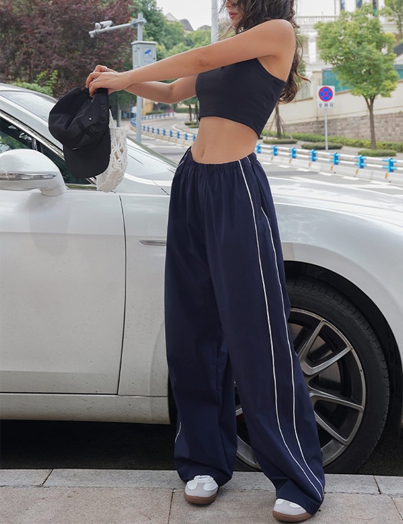 Springrain Womens Wide Leg Track Pants Slouchy Stripe Detail Jogger Sweatpants with Pockets(Navy-M)