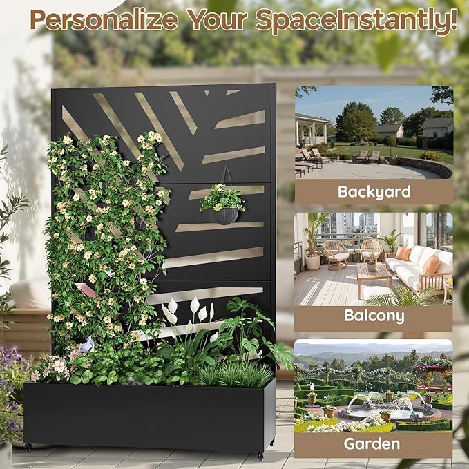 Metal Raised Garden Bed with Trellis & Wheels,72" x 47"x 15.7" Planter Box with Trellis,Privacy Planters for Patio,Garden Bed for Climbing Plants,Suitable for Climbing Plants and Vegetables,Black
