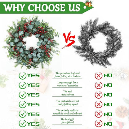 Spring Wreaths for Front Door,Boxwood Wreaths for Indoor and Outdoor Wedding Decorations,Spring Wreath with Pine Cones and Leaves,Berries,Eucalyptus Leaves for Home Decor