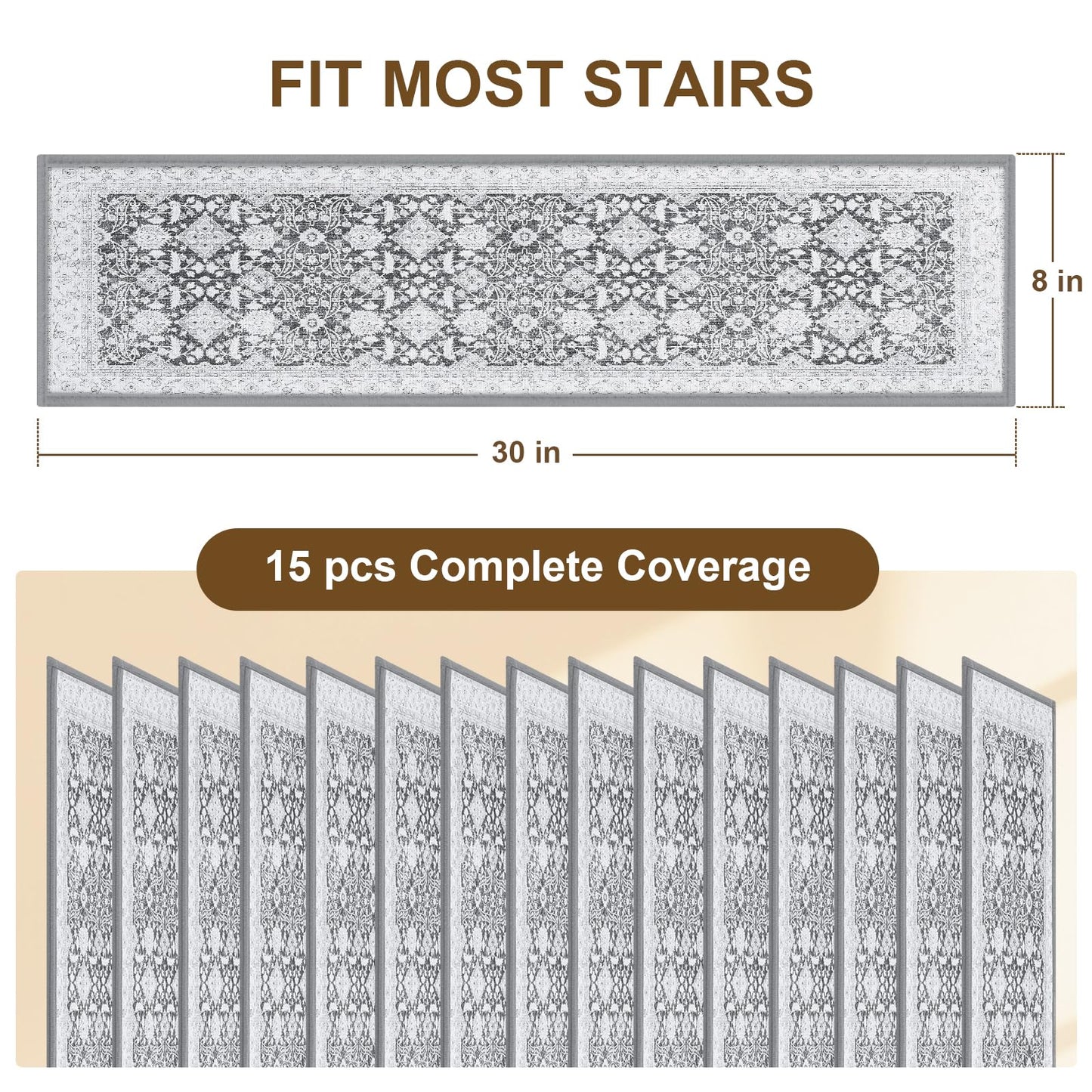 Non Slip Stair Treads for Wooden Steps Indoor, Grey, 15pcs, 30"X8", Soft Carpet Mat, Machine Washable Boho Carpet Treads with Reusable Adhesive Backing, Safety Stair Tread for Dogs, Kids, Elders