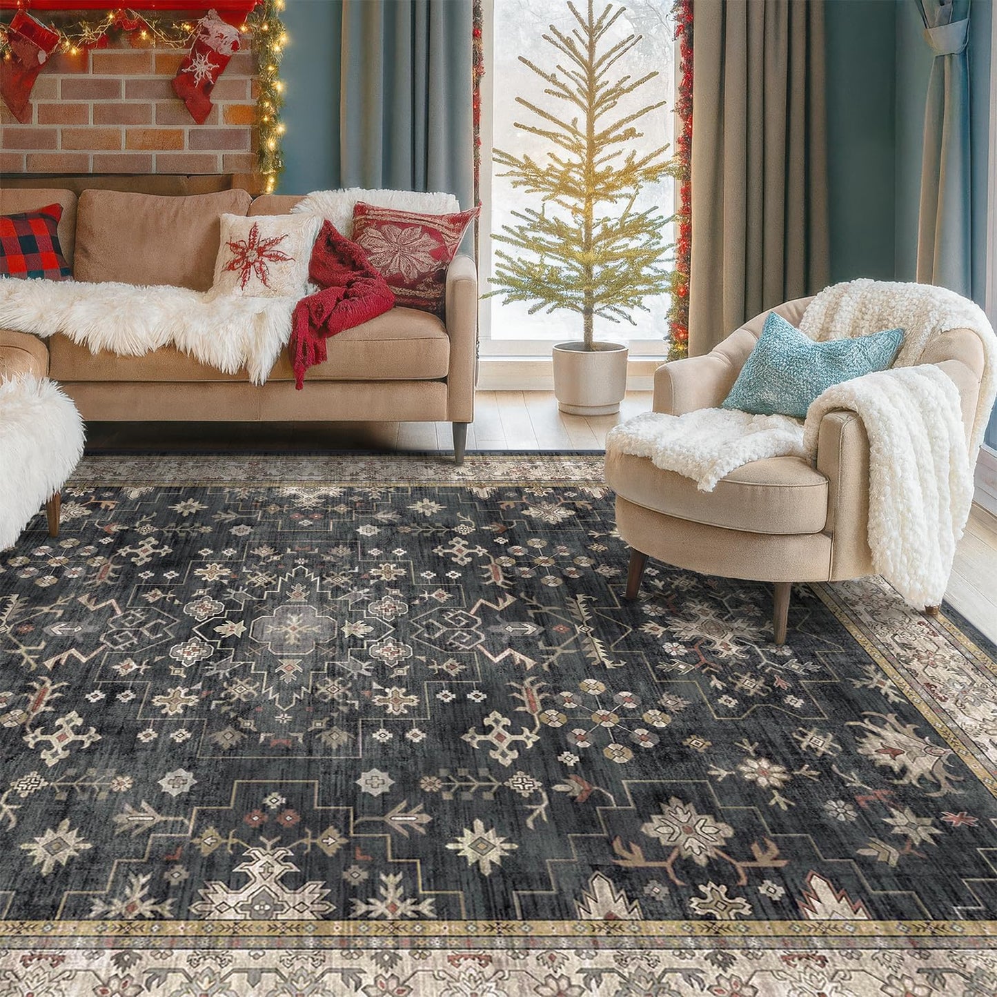 Boho Dining Room Rugs for Under Table - 6x9 Washable Black Area Rug For Living Room, Low Pile Non-Slip Rugs for Bedroom, Office - Charming Farmhouse Decor & Stain Resistance (6x9 Black/Multi)