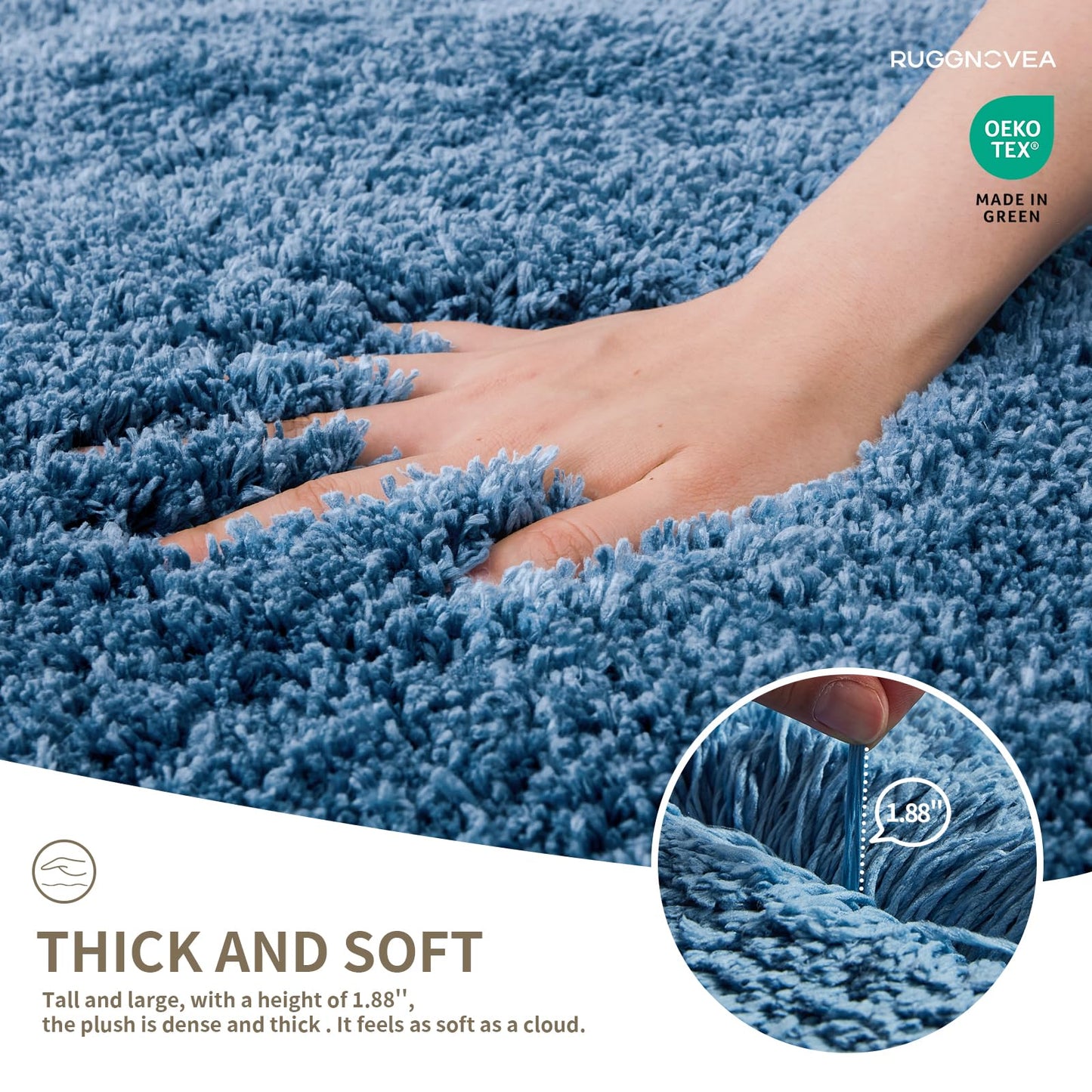 Ruggnovea Bathroom Rugs Non Slip Washable, Ultra Thick Soft Microfiber Absorbent Bath Mats, High Density Foam Latex Non Slip Backing Bath Rugs, Fluffy Floor Carpet for Tub&Shower 24x17, Blue