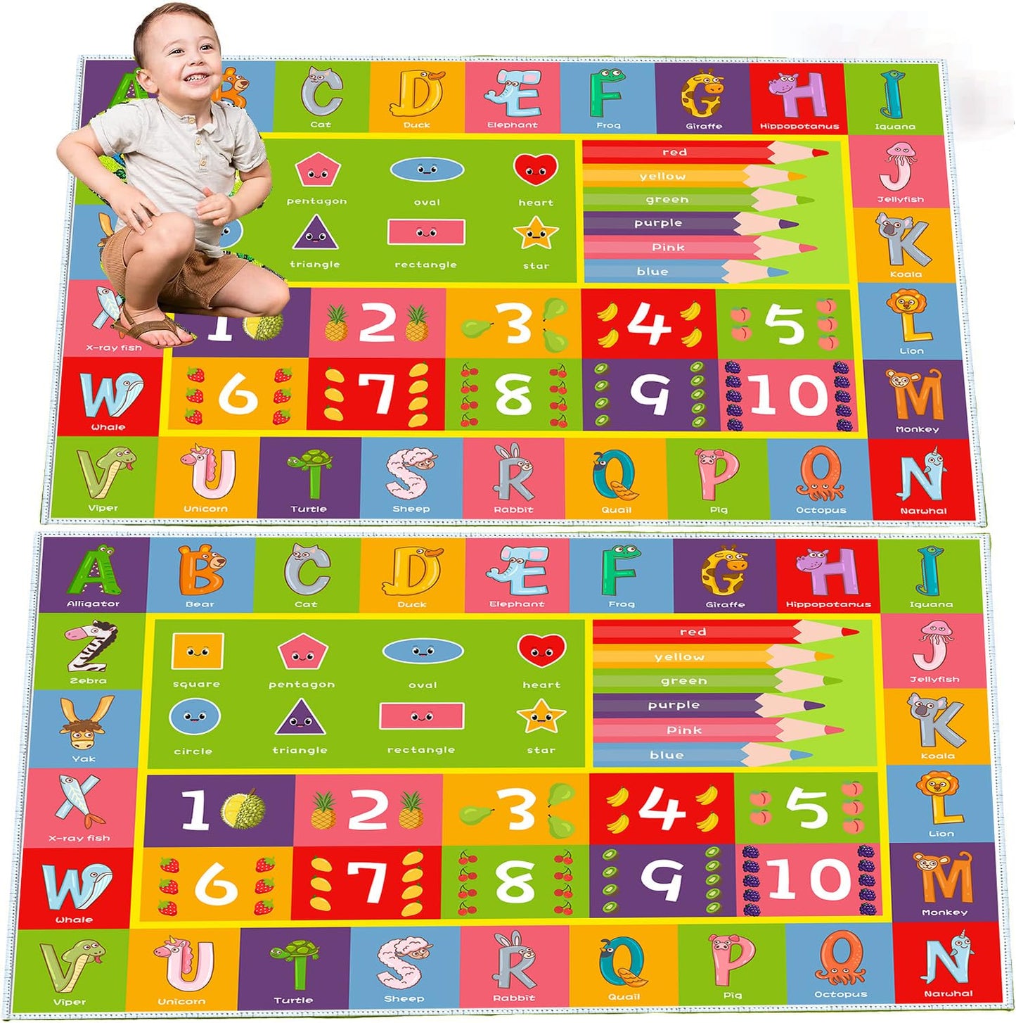 ABC Alphabet Animals Educational Playmat - Interactive Learning Carpet for Toddlers & Infants with Numbers & Shapes, Classroom/Bedroom Play Rug, Machine Washable(Size:80 * 120cm/31" x 47")