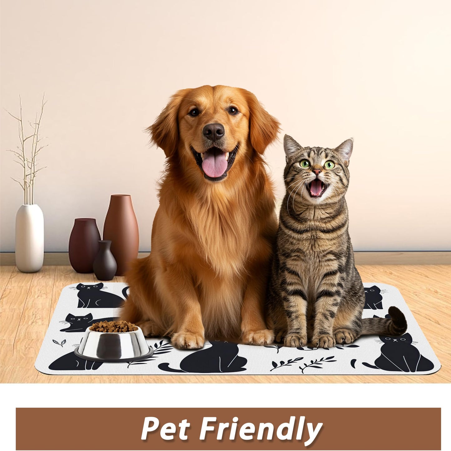 Cute Black Flower Dog Cat Food Mat,Absorbent Pet Feeding Mat with Rubber Backing,Non-Slip Water Bowl Placemat,Indoor Pet Accessories Supplies 12"x20"