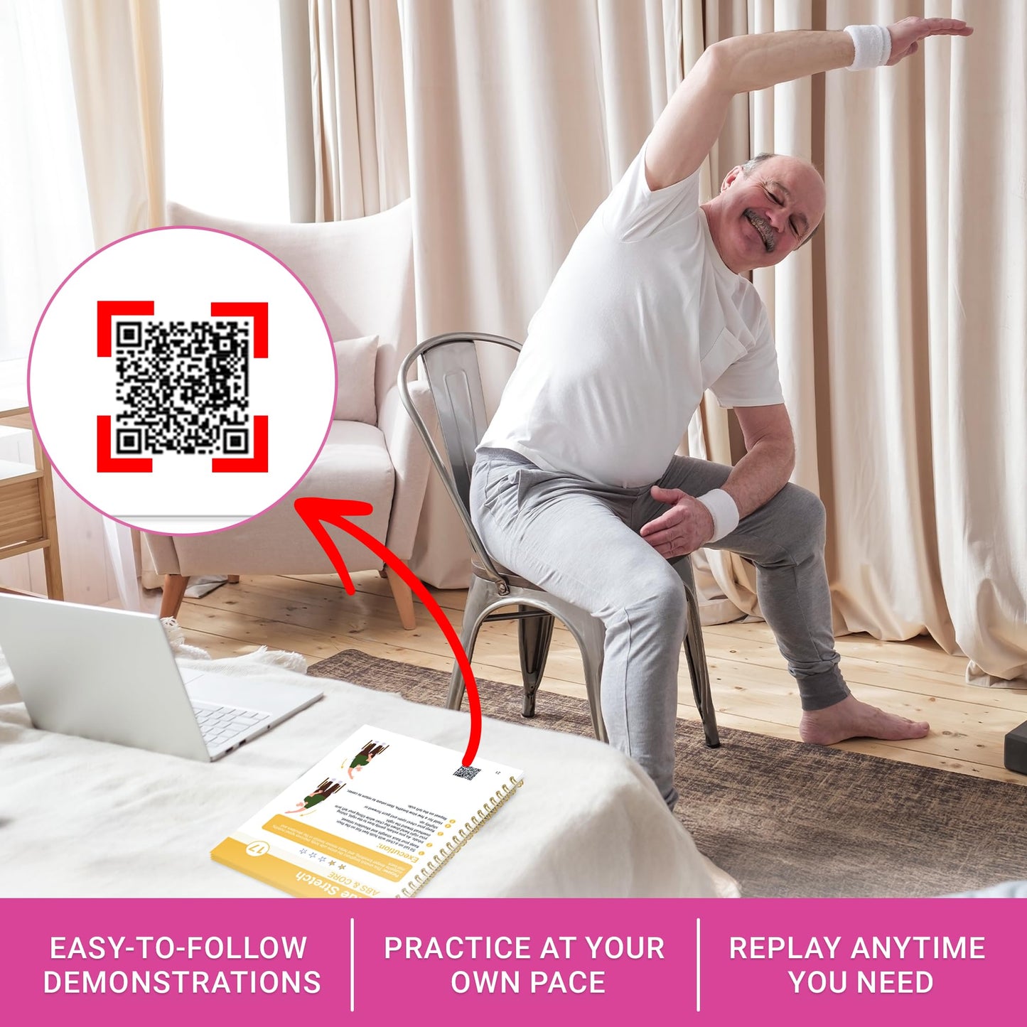 Chair Yoga for Seniors Over 60 Book and Chart, 30 Poses with Video Guide, Spiral Bound, Large Print, 30-Day Laminated Chart, Seated Exercises for Weight Loss, Flexibility, Gift for Women and Men