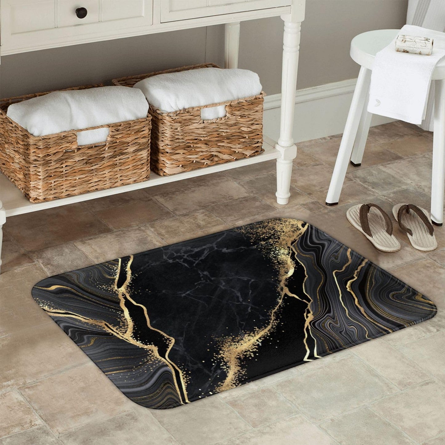 Black and Gold Marble Bath Mats for Bathroom, Soft Absorbent Bath Rug Non-Slip Floor Rug Carpets for Kitchen Bathroom Laundry Bedroom Living Room Decoration