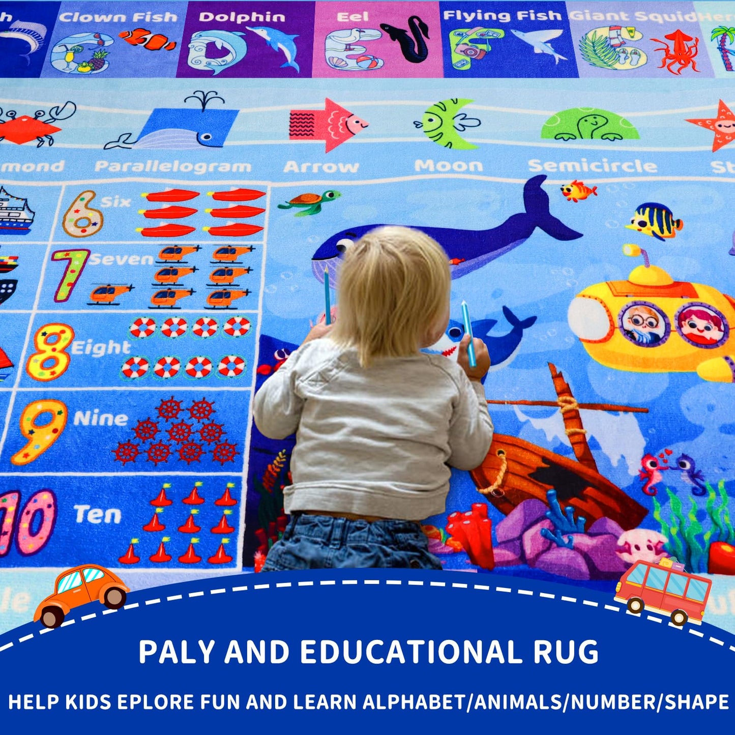 DINSUMRUG 3'3"×5' Interactive Ocean World Learning Rug with ABC, Sea Animals, Numbers & Shapes for & Preschoolers, Washable Non-Slip Carpet for Playroom, Nursery & Homeschool